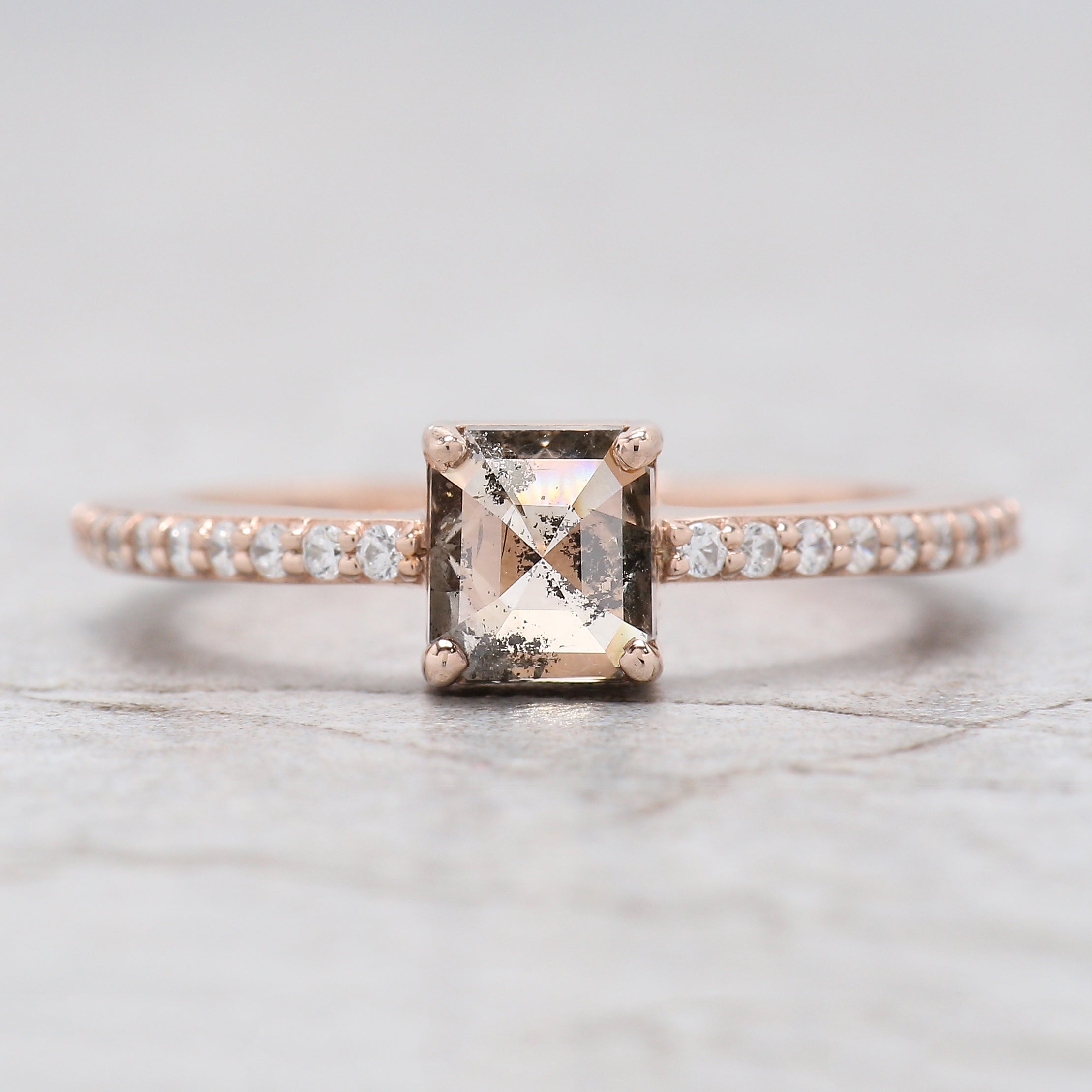 Emerald Cut Salt And Pepper Diamond Ring 0.87 Ct 5.60 MM Emerald Diamond Ring 14K Solid Rose Gold Silver Engagement Ring Gift For Her QL9510