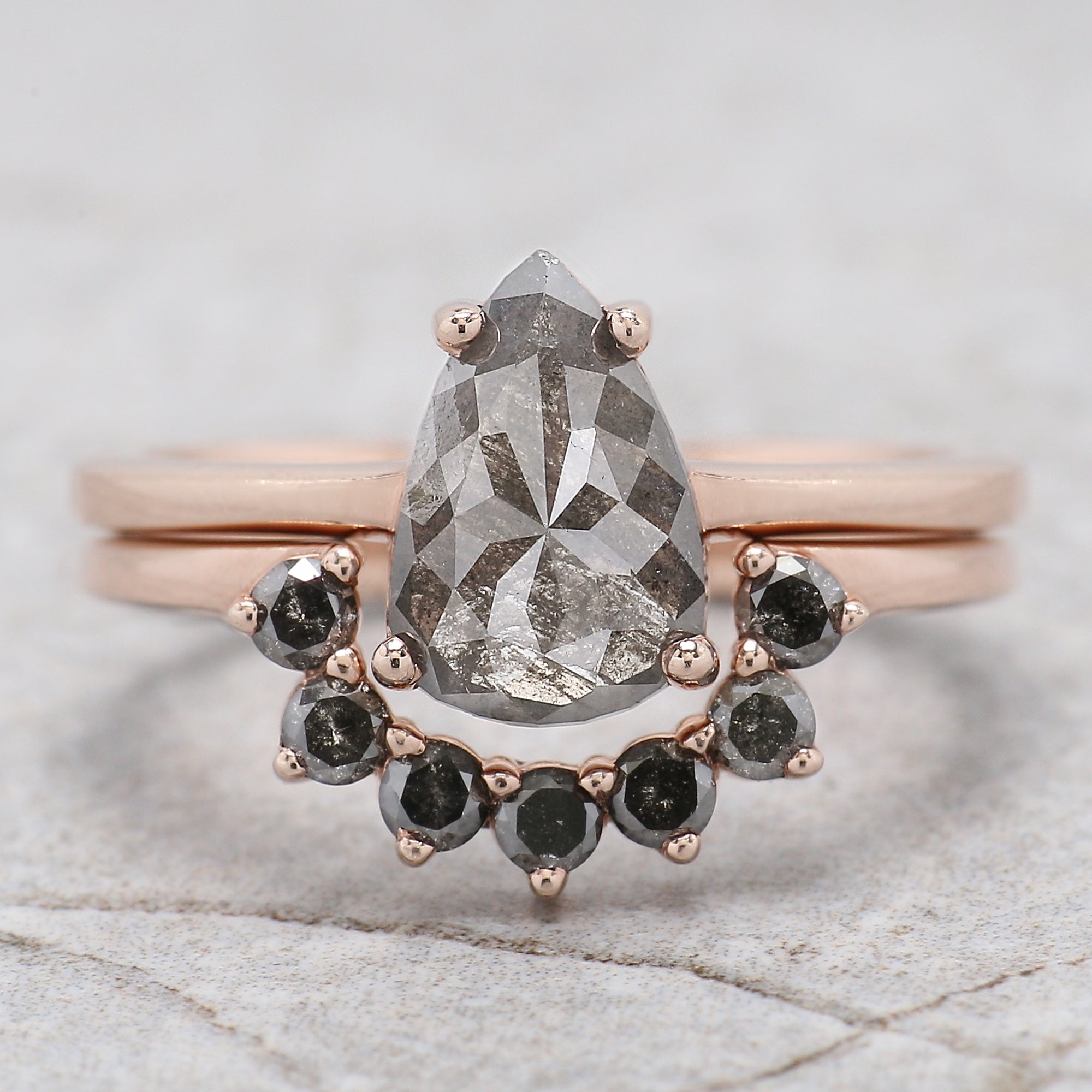 1.37 Ct Natural Pear Cut Salt And Pepper Diamond Ring 9.60 MM Pear Diamond Ring 14K Solid Rose Gold Silver Engagement Ring Pear Ring QL1577