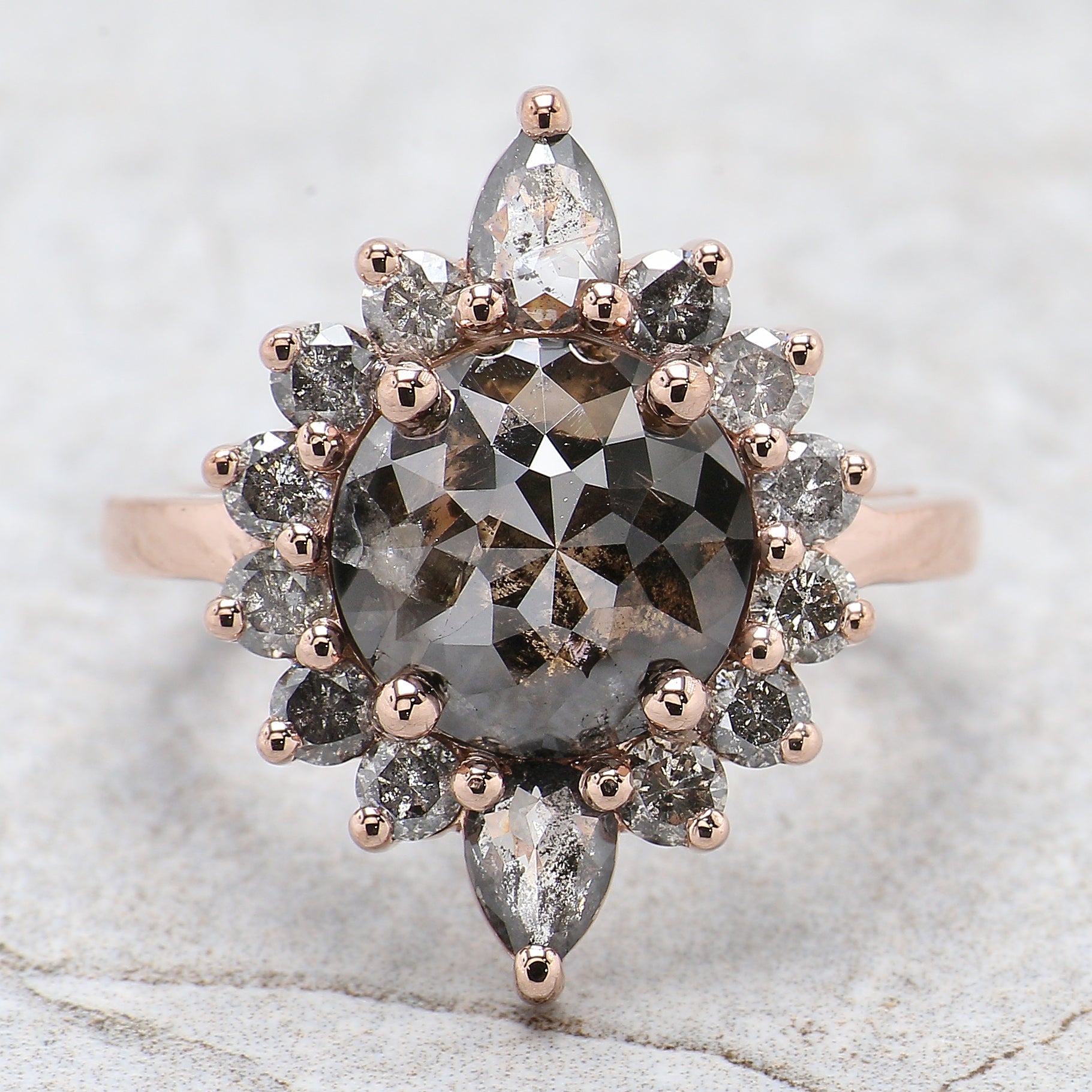 Round Rose Cut Salt And Pepper Diamond Ring 4.20 Ct 9.90 MM Round Diamond Ring 14K Rose Gold Silver Engagement Ring Gift For Her QL8509