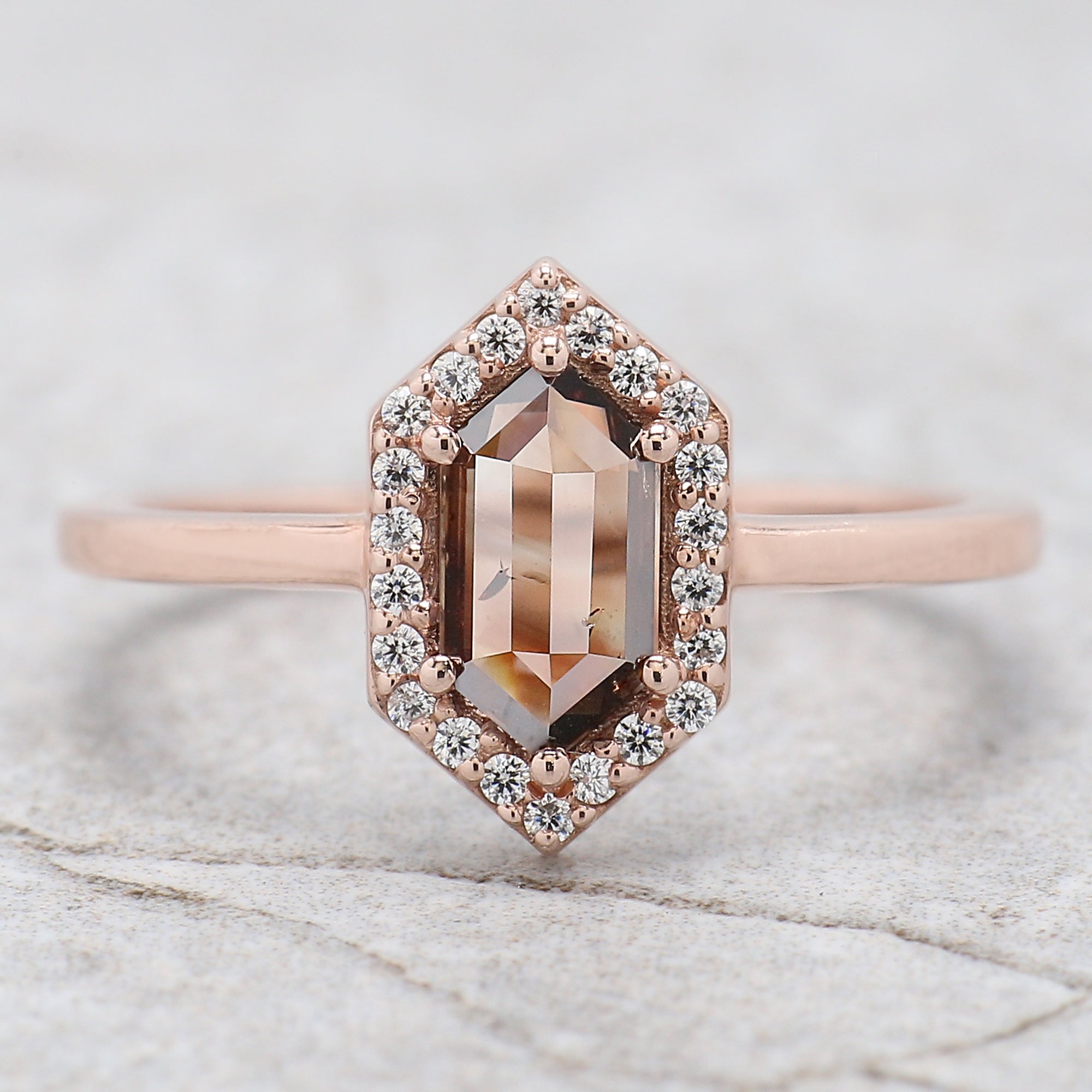 Hexagon Brown Color Diamond Ring 0.65 Ct 8.05 MM Hexagon Shape Diamond Ring 14K Solid Rose Gold Silver Engagement Ring Gift For Her QL1861