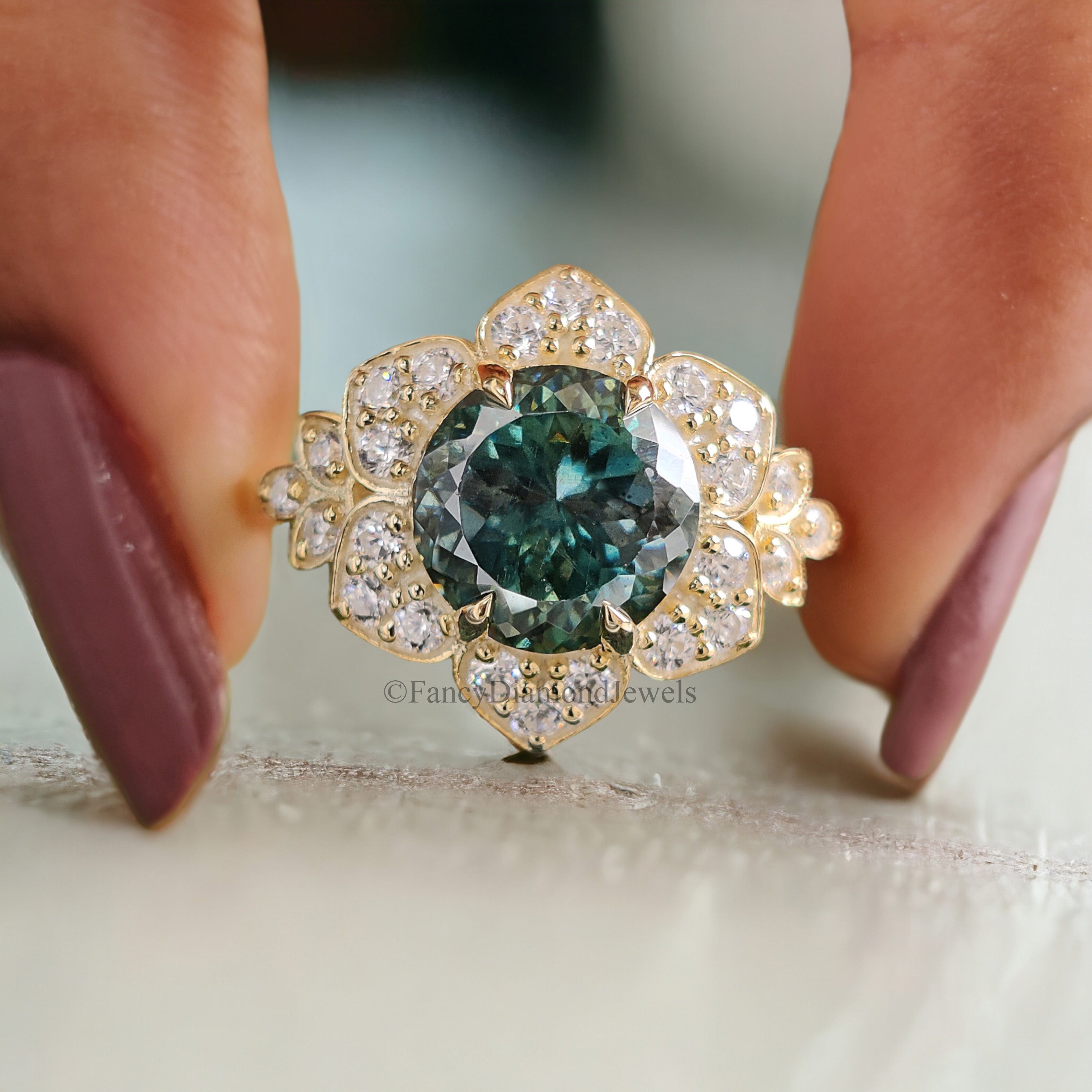 Portuguese Round Cut 8 mm Blue Moissanite Engagement Ring Yellow Gold Vintage Ring Anniversary Ring Gift Blue Moissanite Wedding Ring FD184