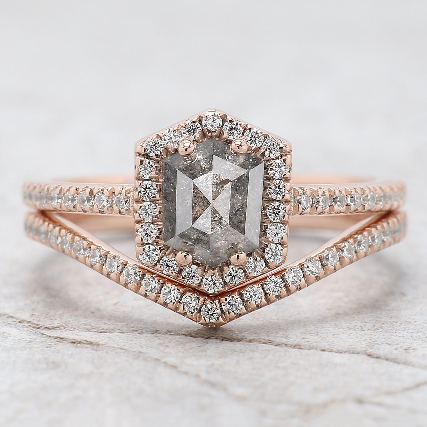 Hexagon Cut Salt And Pepper Diamond Ring 1.00 Ct 6.43 MM Hexagon Cut Diamond Ring 14K Rose Gold Silver Engagement Ring Gift For Her QL2077