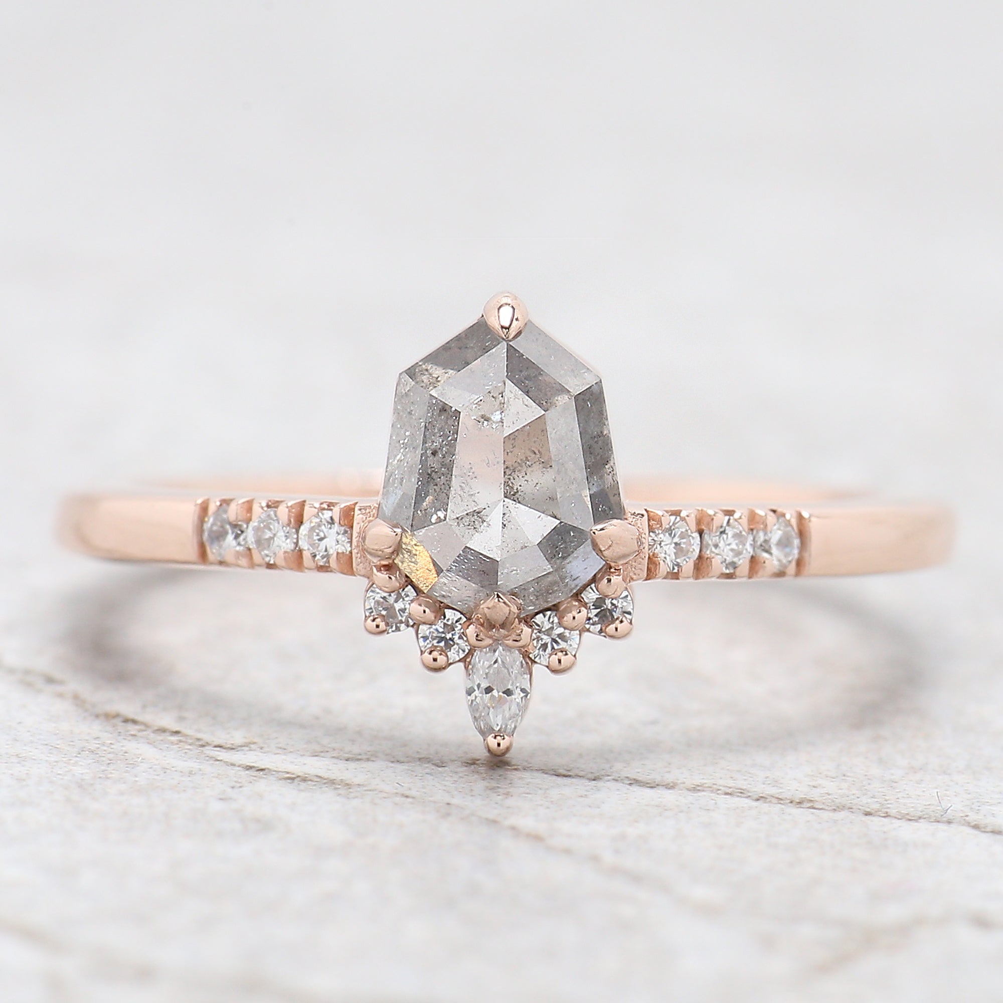 Shield Cut Salt And Pepper Diamond Ring 1.12 Ct 7.08 MM Shield Diamond Ring 14K Solid Rose Gold Silver Engagement Ring Gift For Her QL2570