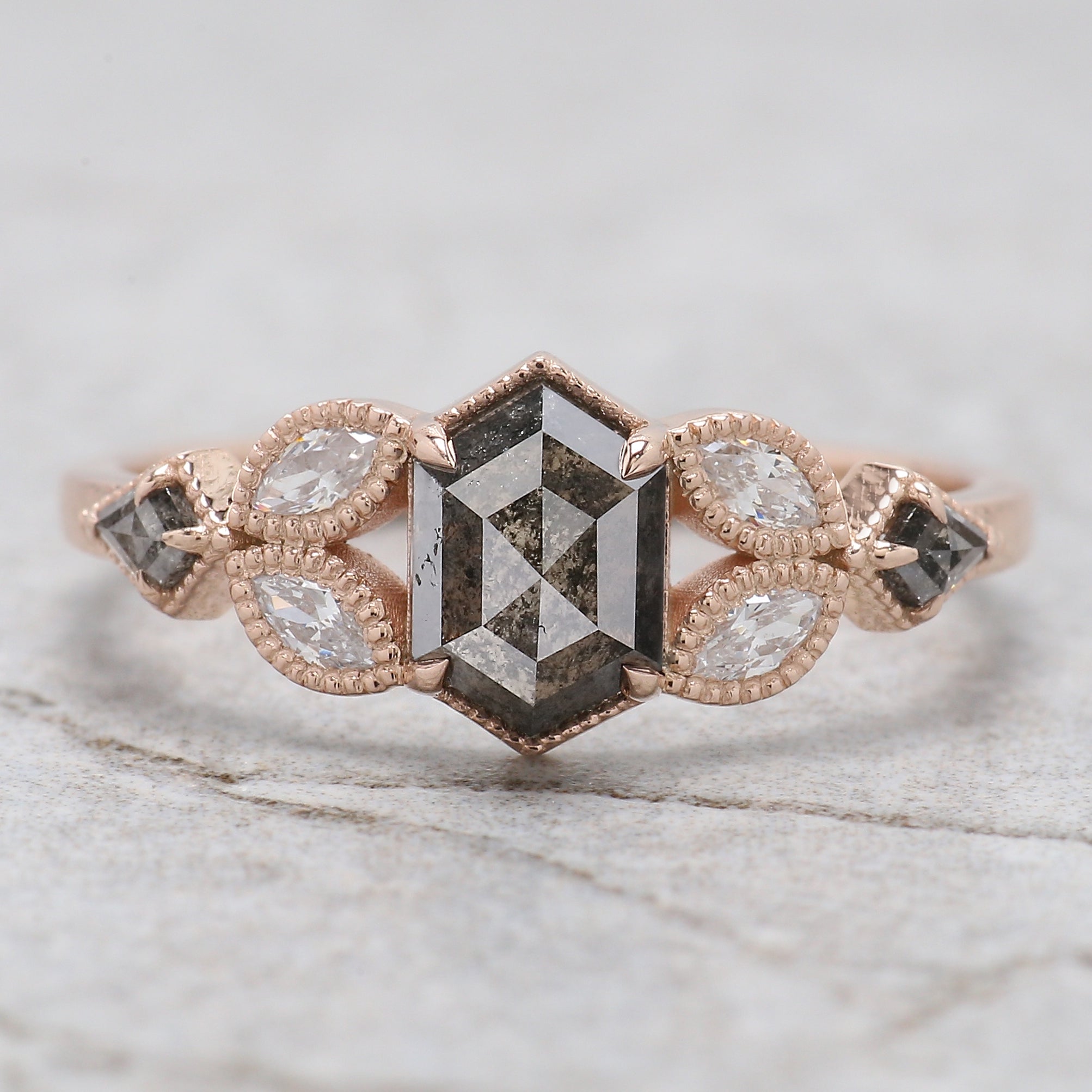 Hexagon Cut Salt And Pepper Diamond Ring 0.98 Ct 6.83 MM Hexagon Cut Diamond Ring 14K Rose Gold Silver Engagement Ring Gift For Her QL2943