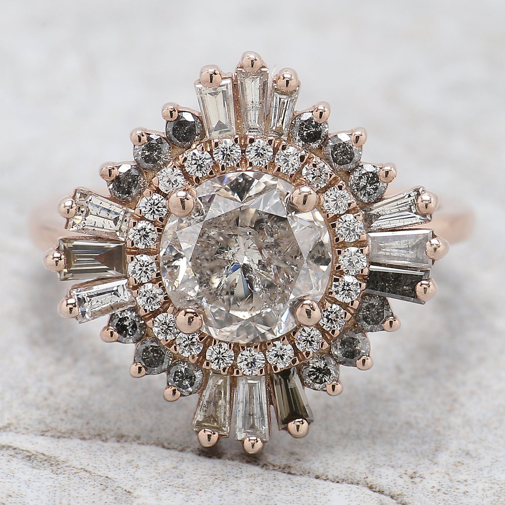 Round Cut Salt And Pepper Diamond Ring 1.92 Ct 7.40 MM Round Diamond Ring 14K Solid Rose Gold Silver Engagement Ring Gift For Her QL2660