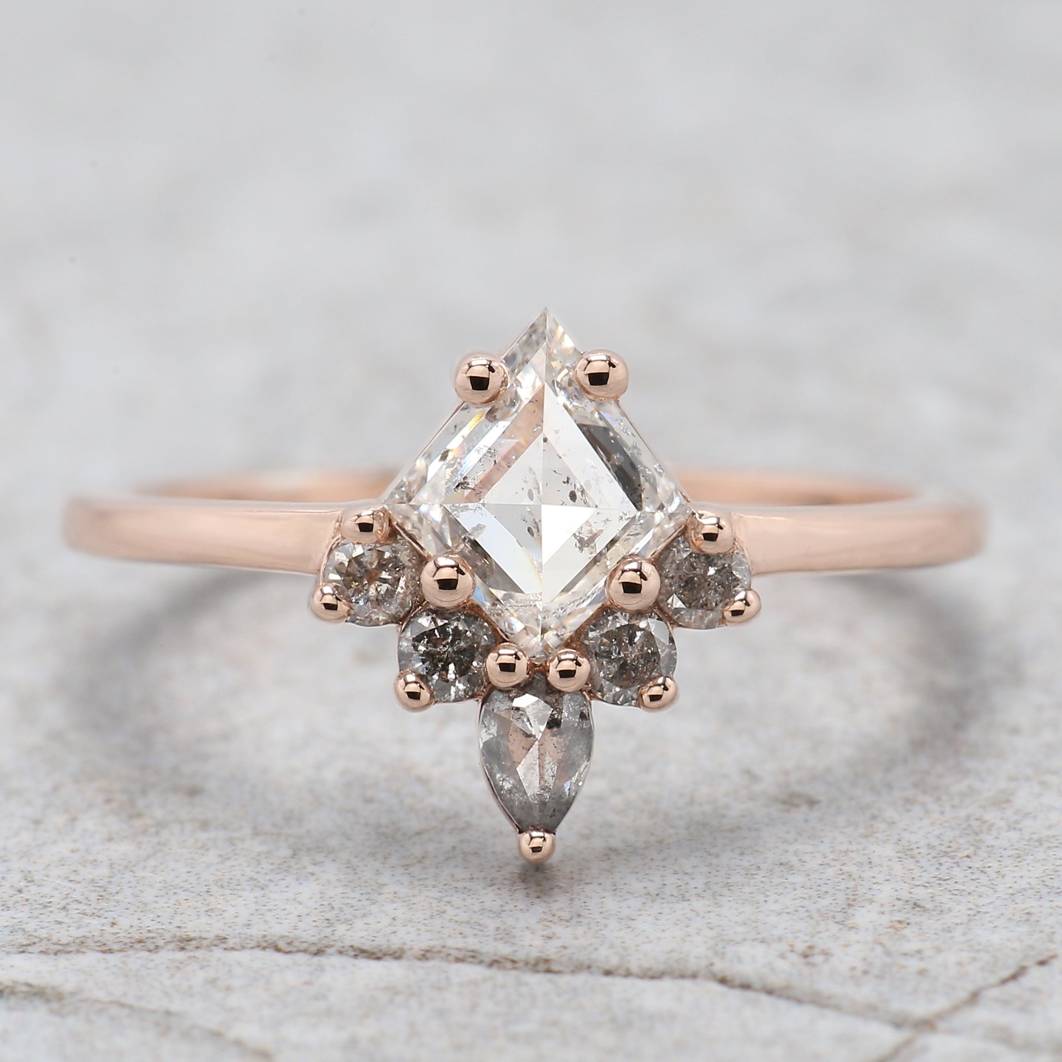 Kite Cut Salt And Pepper Diamond Ring 0.83 Ct 7.44 MM Kite Diamond Ring 14K Solid Rose Gold Silver Kite Engagement Ring Gift For Her QL2628