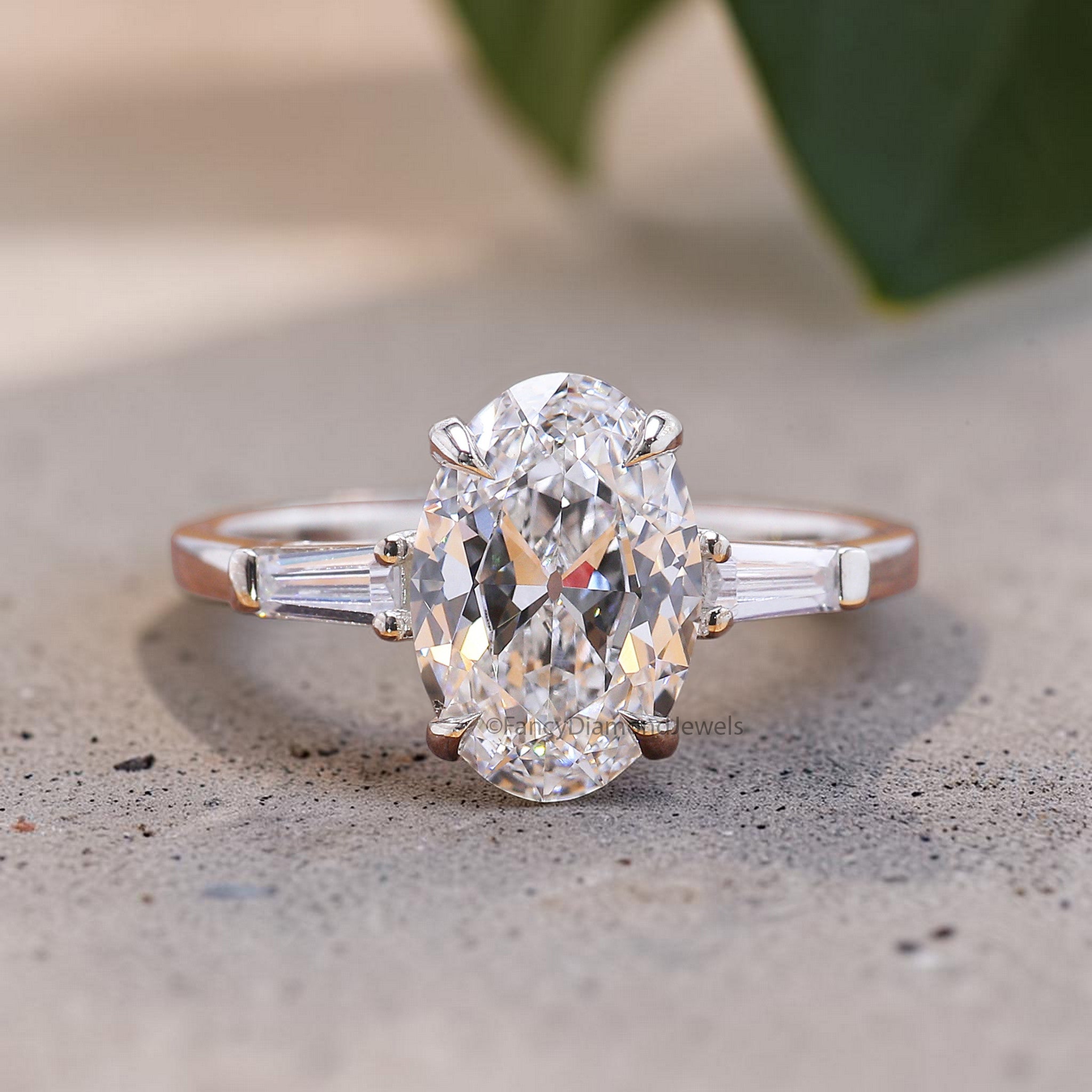 Old European Cut Oval Diamond Engagement Ring, Three Stone Oval Diamond Ring with Tapered Baguette Side Stones, Unique Bridal Ring FD554