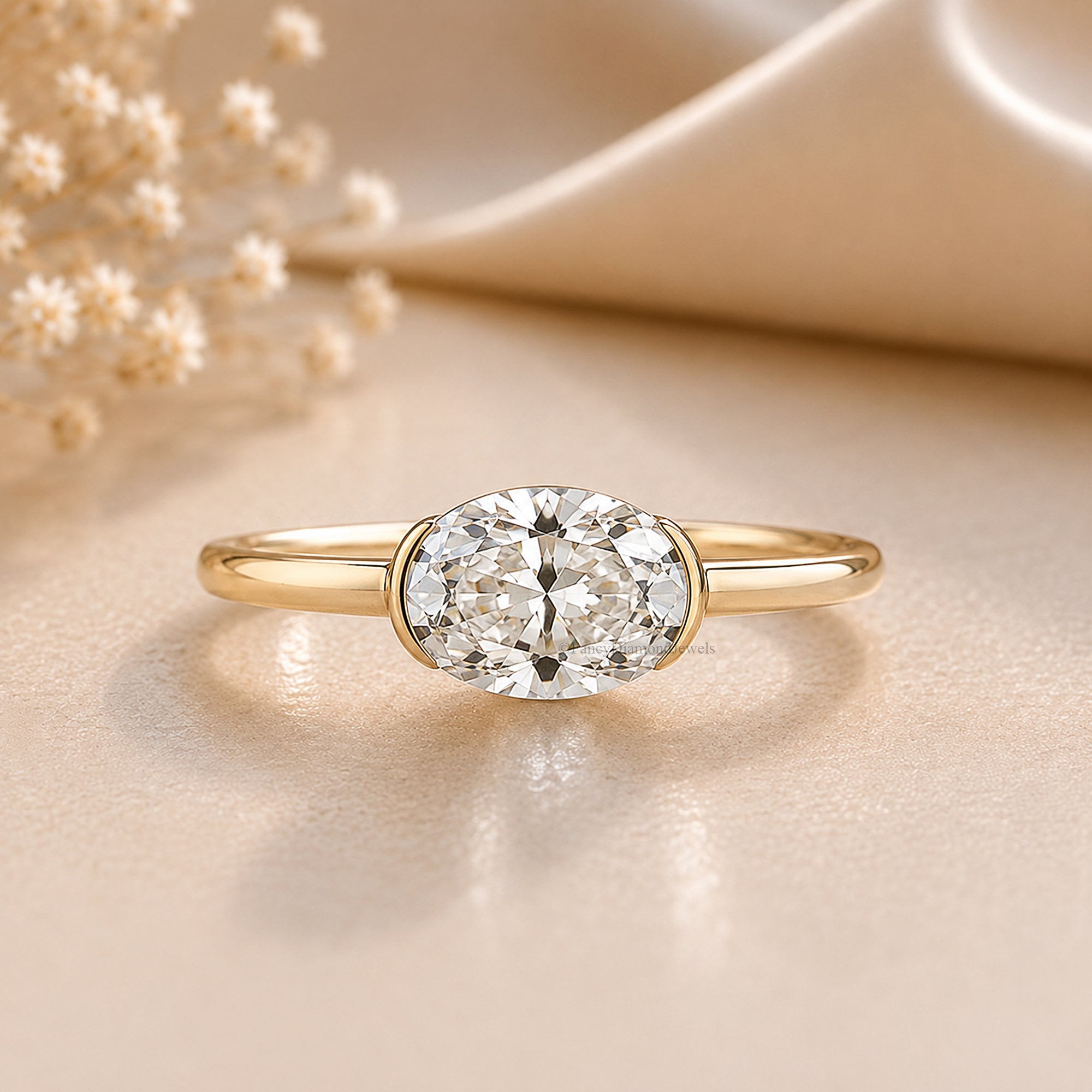 Oval Shape Lab Grown Diamond Half Bezel Ring Solid Gold, Thin Dainty Ring, Oval Diamond Pinky Ring, Minimal Wedding Band Gift For Her FD564