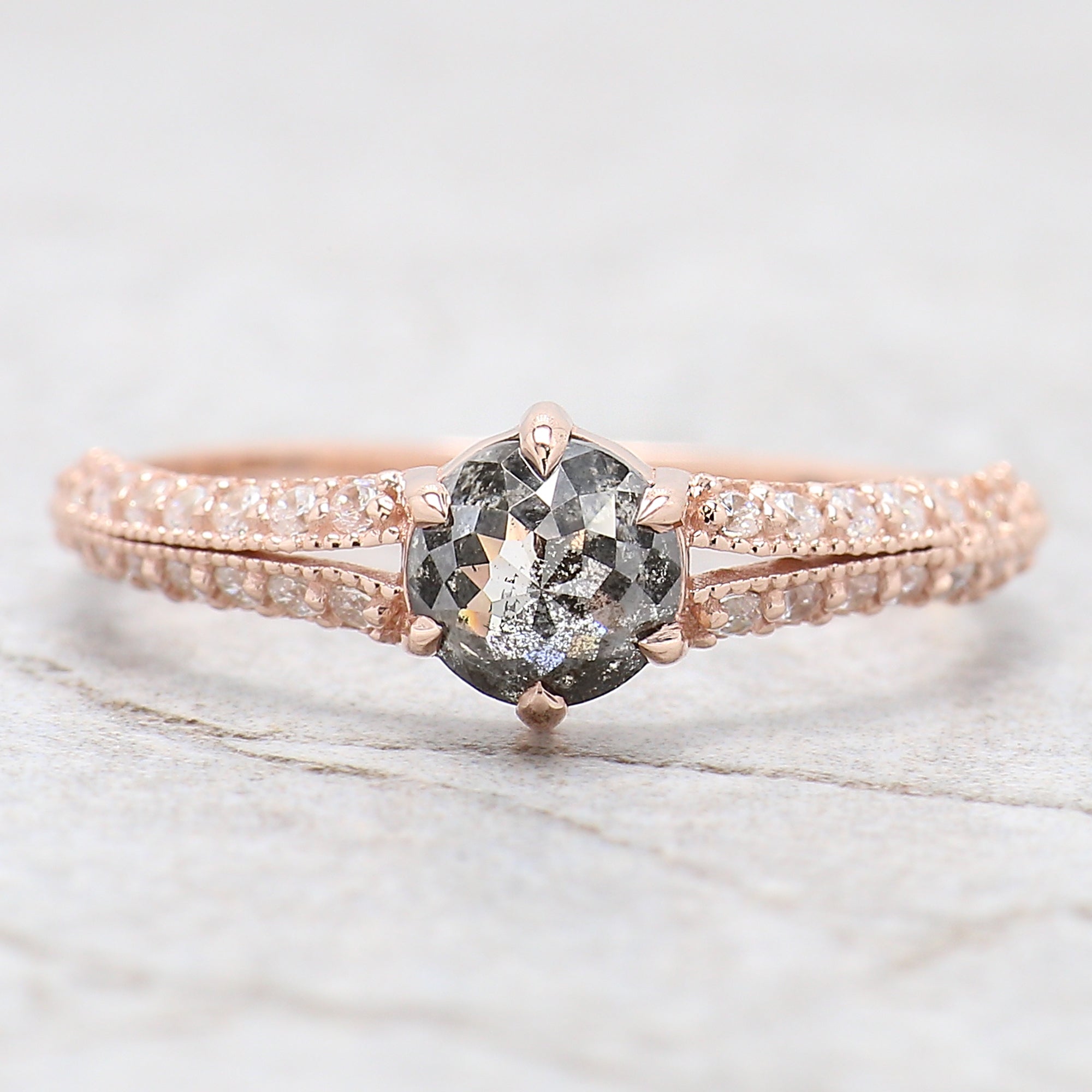 Round Rose Cut Salt And Pepper Diamond Ring 0.83 Ct 5.30 MM Round Diamond Ring 14K Rose Gold Silver Engagement Ring Gift For Her QN9672
