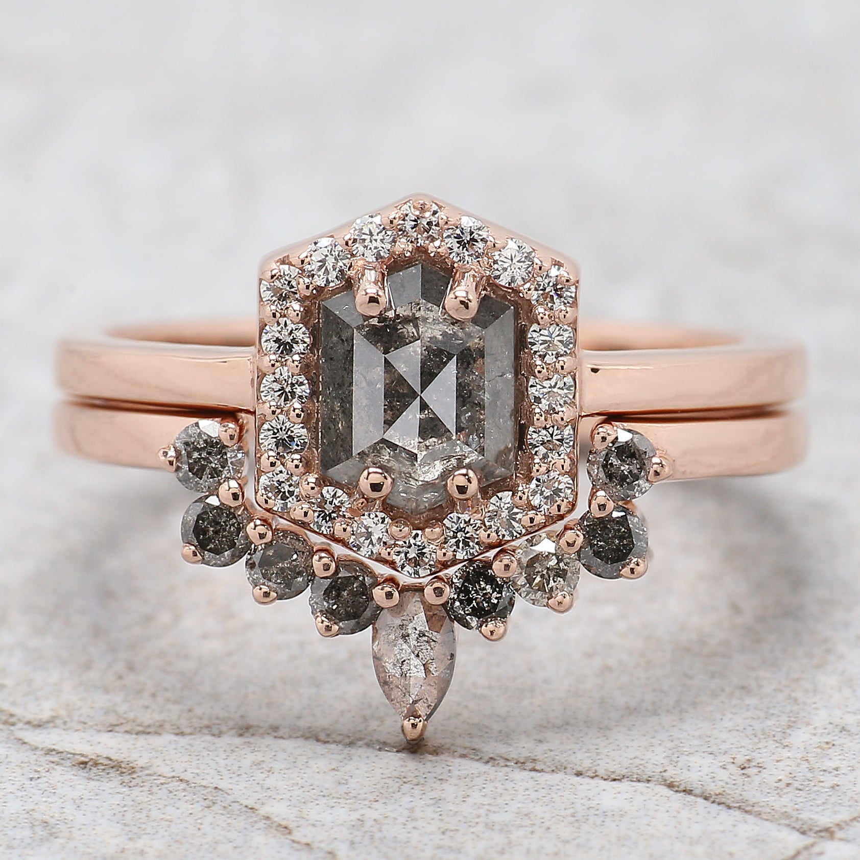 Hexagon Cut Salt And Pepper Diamond Ring 0.95 Ct 6.40 MM Hexagon Diamond Ring 14K Solid Rose Gold Silver Engagement Ring Gift For Her QN1448