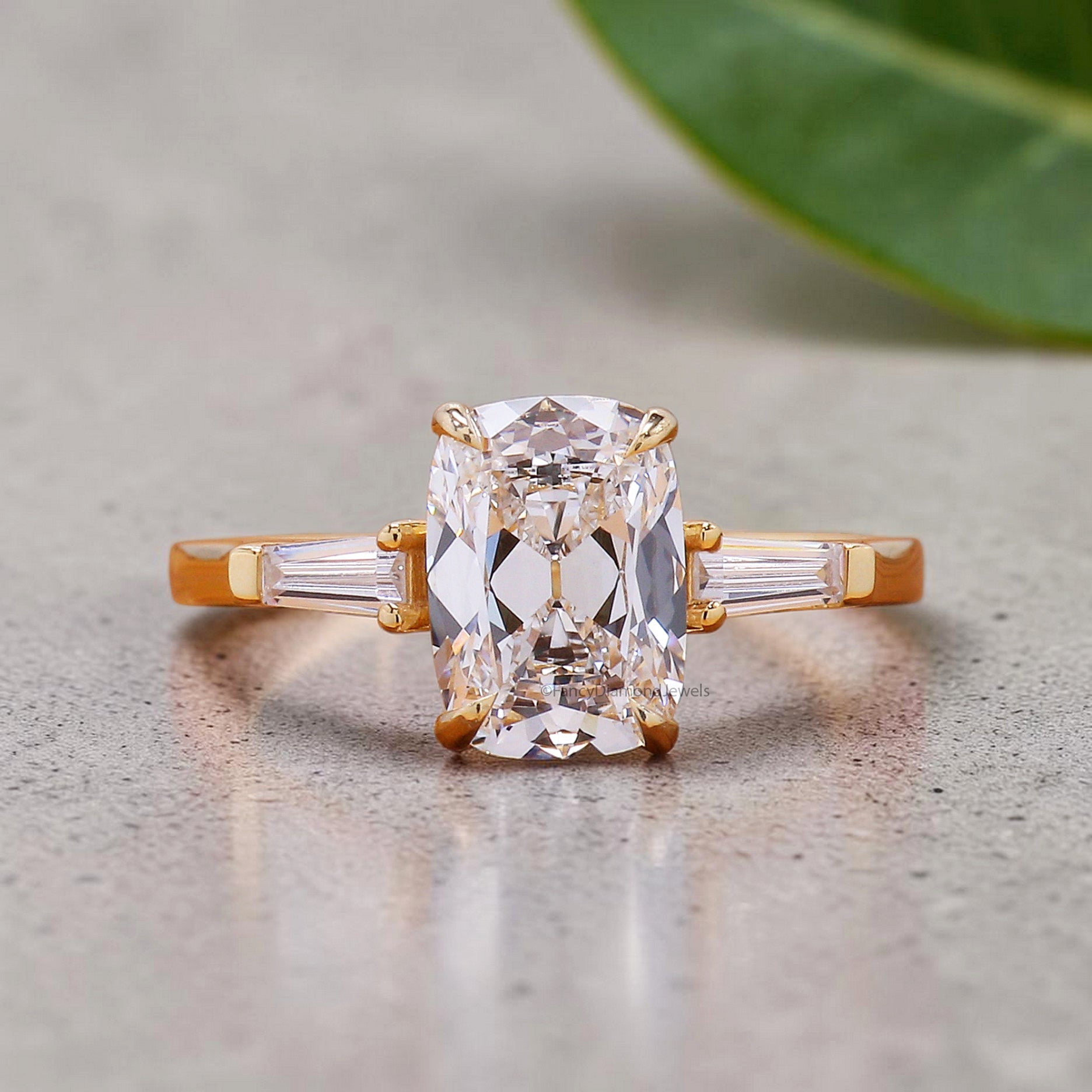 Old Mine Cut Diamond Three Stone Engagement Ring, Cushion and Tapered Baguette Diamond Ring, 3 Stone Wedding Ring, Anniversary Gifts FD559