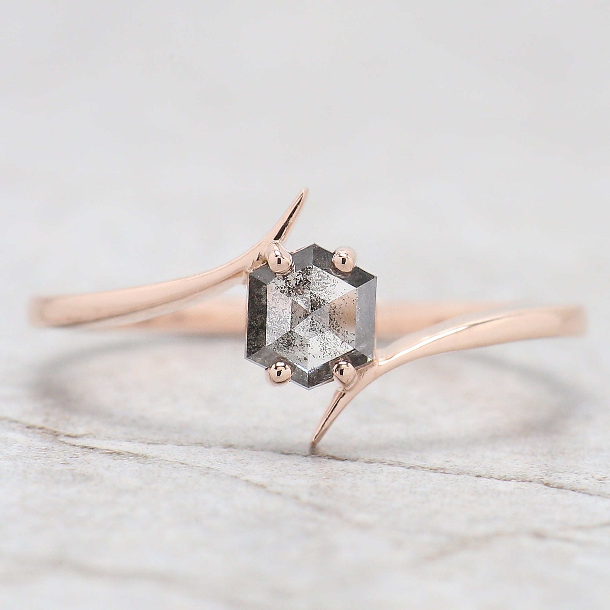 Hexagon Shape Black Color Diamond Ring 0.43 Ct 5.00 MM Hexagon Diamond Ring 14K Solid Rose Gold Silver Engagement Ring Gift For Her QN601