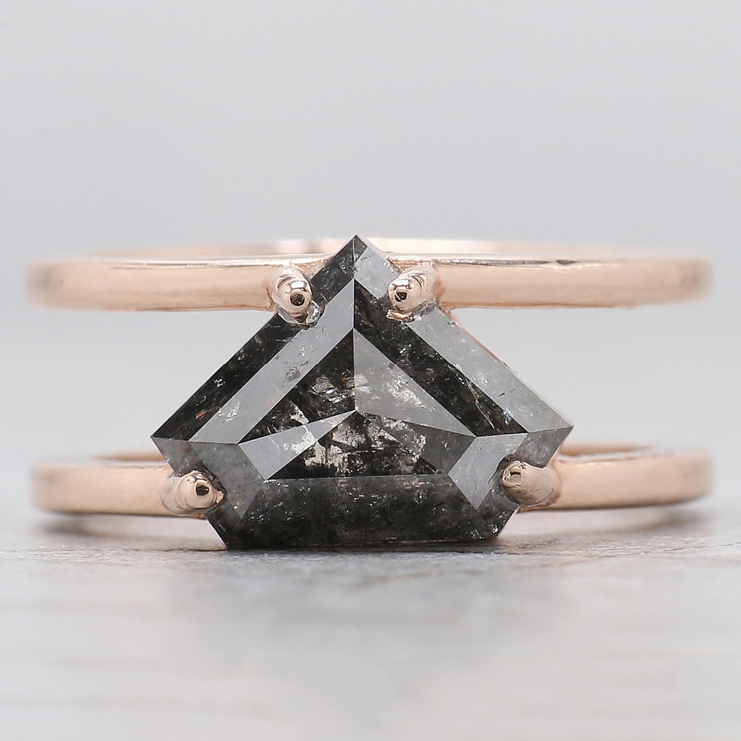 Shield Cut Salt And Pepper Diamond Ring 3.47 Ct 8.75 MM Shield Diamond Ring 14K Solid Rose Gold Silver Engagement Ring Gift For Her QL962