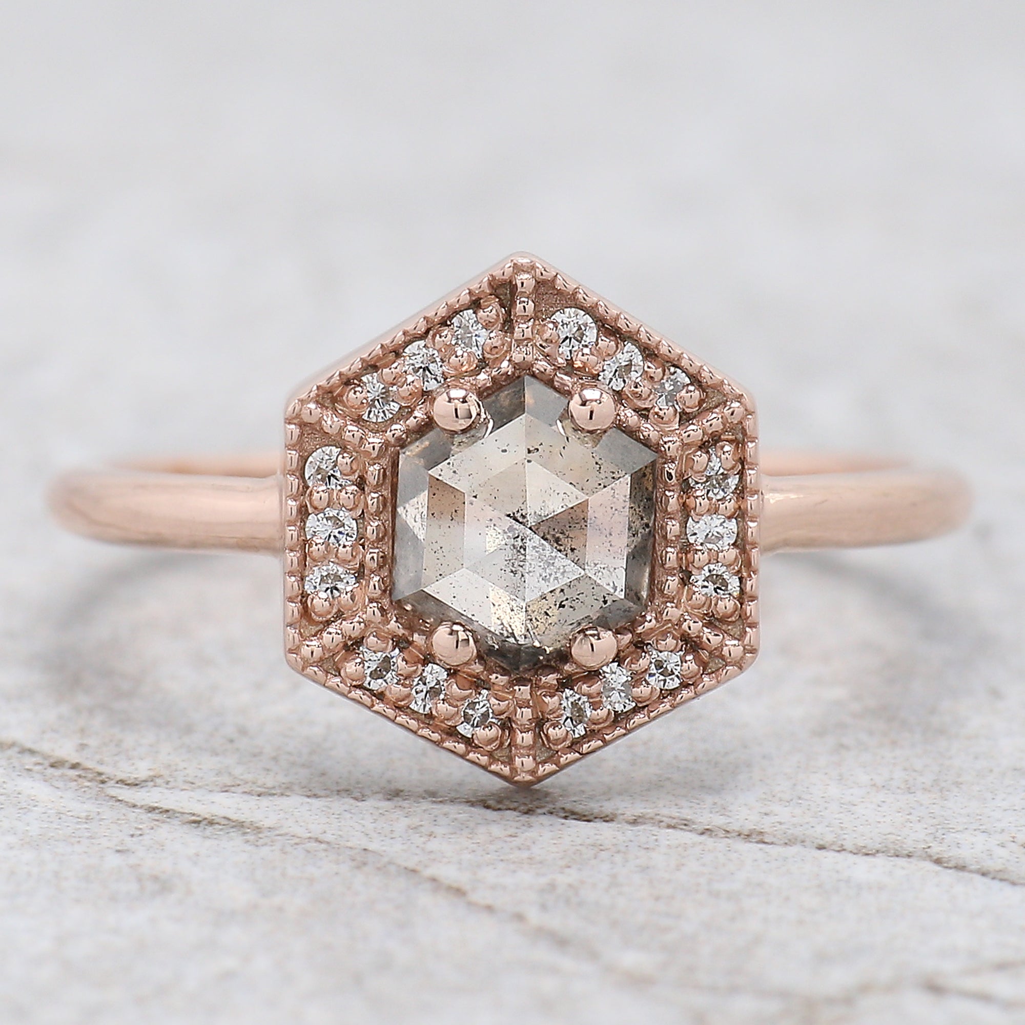 Hexagon Cut Salt And Pepper Diamond Ring 0.77 Ct 5.94 MM Hexagon Diamond Ring 14K Solid Rose Gold Silver Engagement Ring Gift For Her QL9543