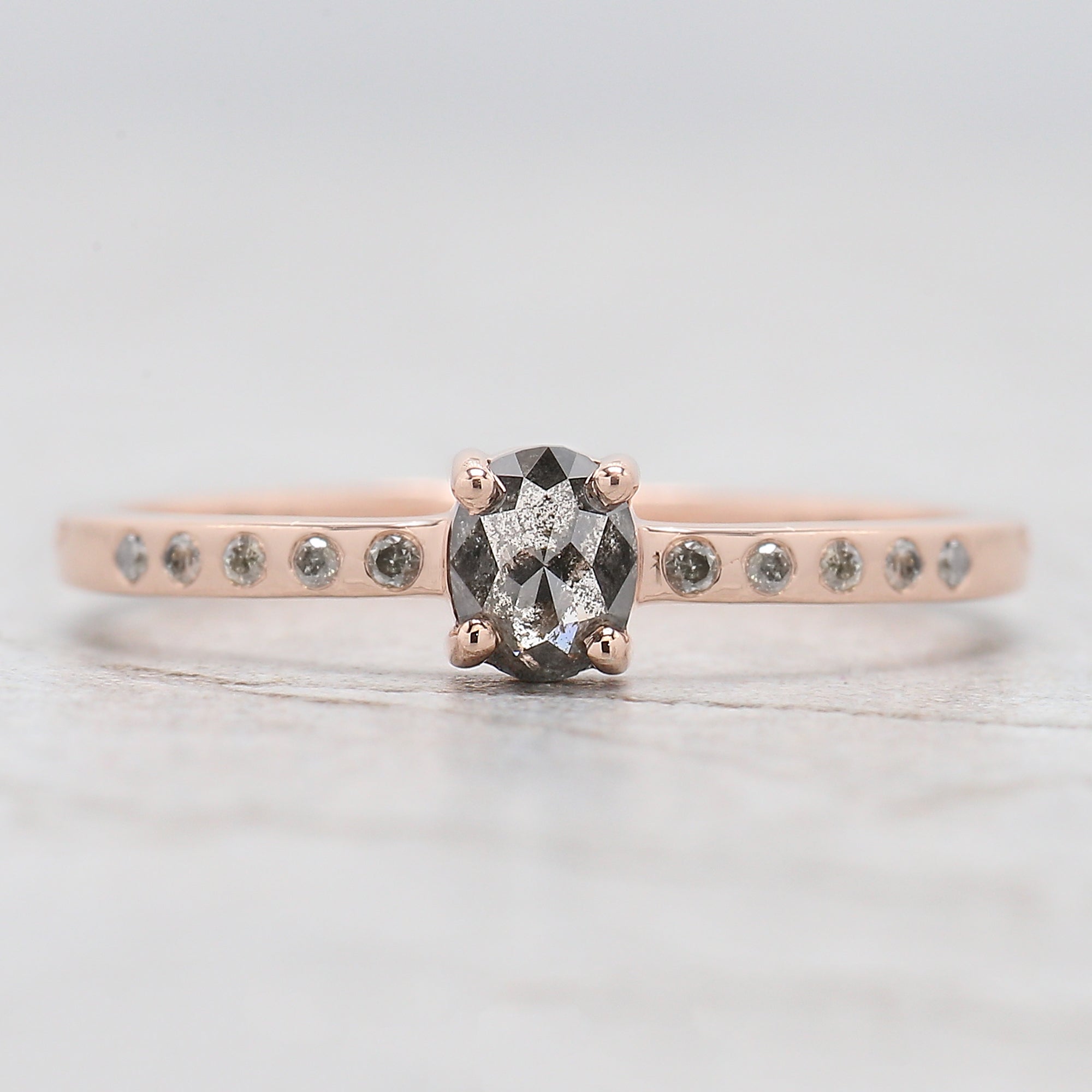 Oval Cut Salt And Pepper Diamond Ring 0.32 Ct 4.50 MM Oval Diamond Ring 14K Solid Rose Gold Silver Oval Engagement Ring Gift For Her QN9185