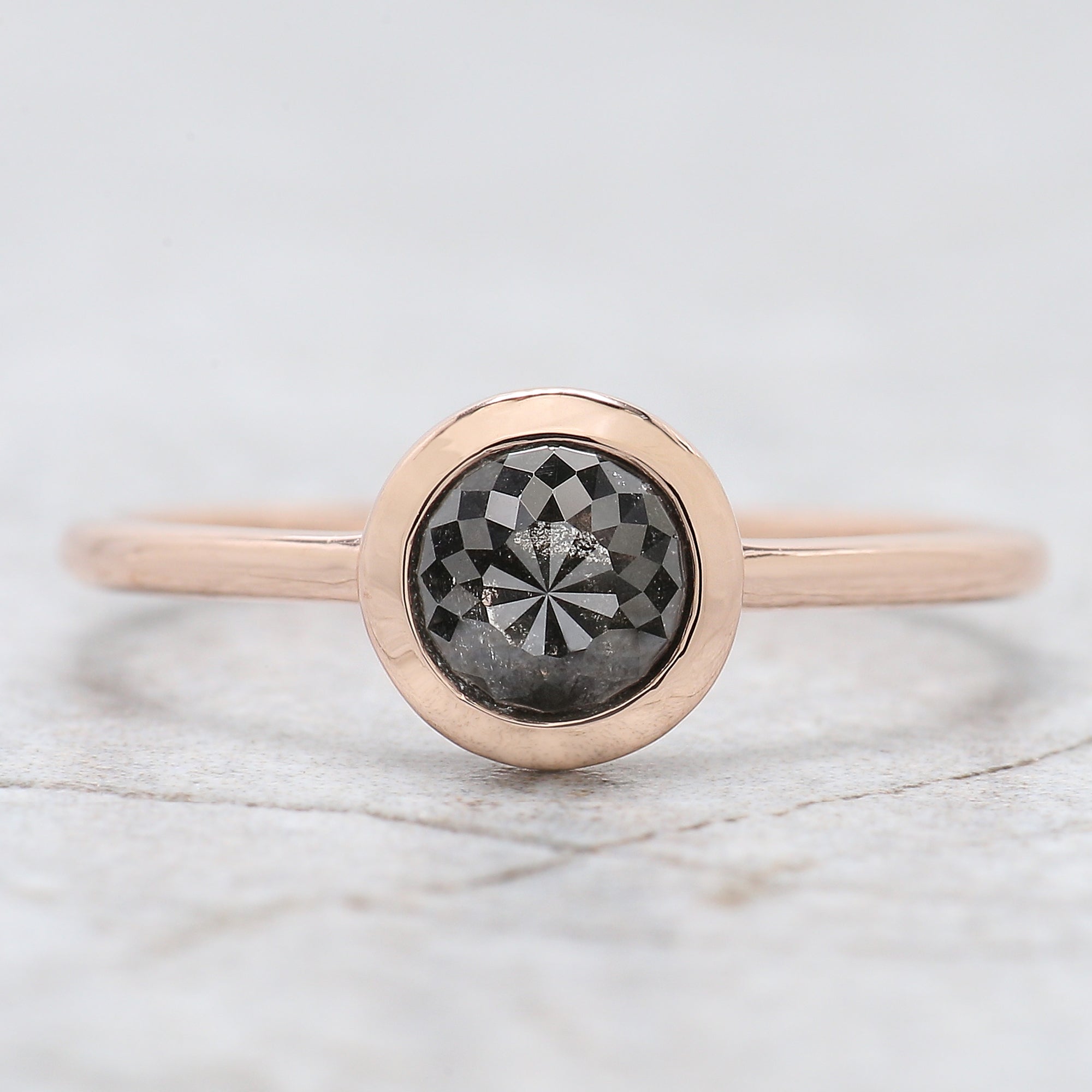 Round Rose Cut Salt And Pepper Diamond Ring 0.90 Ct 5.60 MM Round Shape Diamond Ring 14K Rose Gold Silver Engagement Ring Gift For Her QN8896