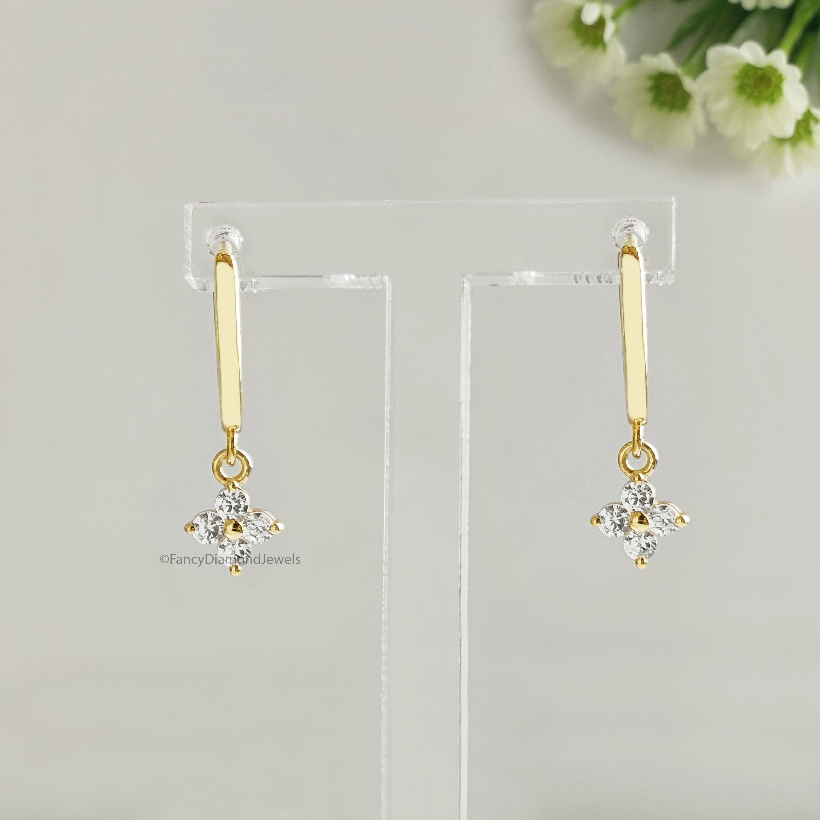 Round Diamond Flower Huggie Hoop Earrings, Minimalist Gold Dangle Earrings, Dainty Diamond Hoop, Bridesmaid Gift for Mom, Gift for Her FD551