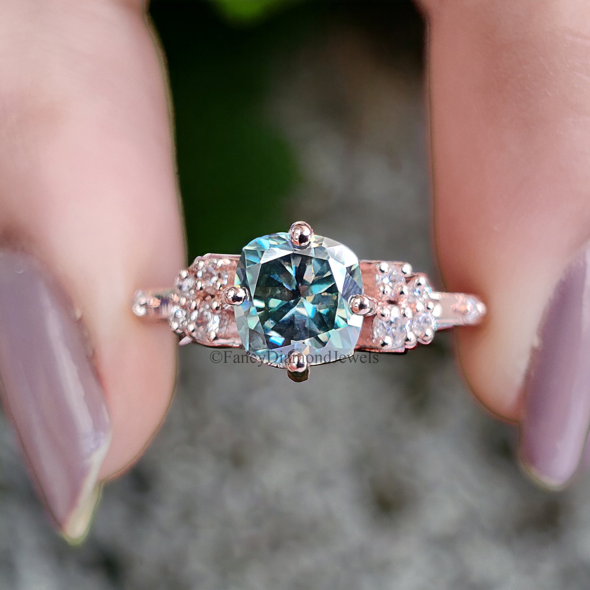 Muse Engagement Ring for Women 1.25 TW Cushion Fancy Cut Cyan Blue Moissanite Ring Hidden Halo Ring Wedding Ring for Her Comfort Fit FD08