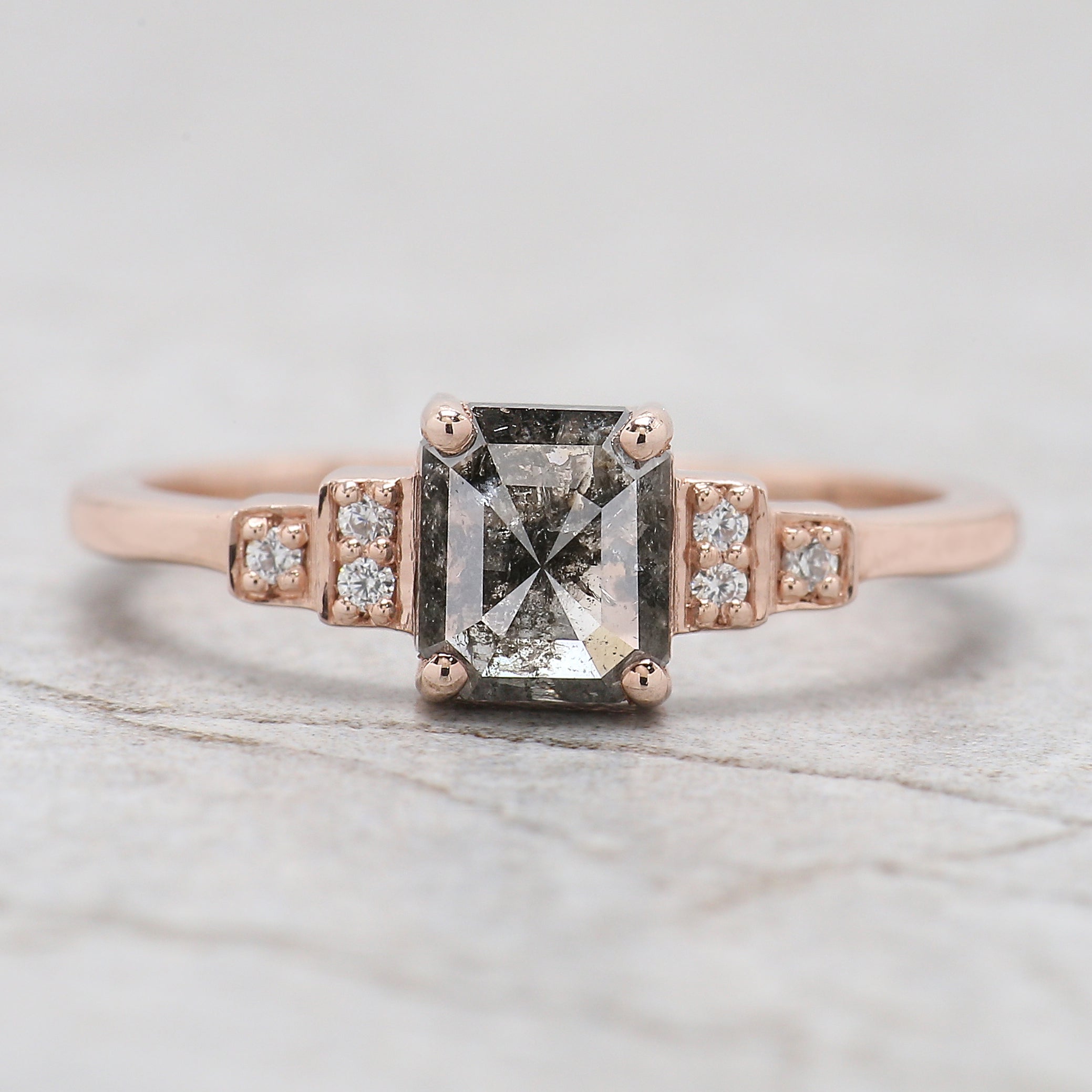 Emerald Salt And Pepper Diamond Ring 0.96 Ct 6.25 MM Emerald Diamond Ring 14K Solid Rose Gold Silver Engagement Ring Gift For Her QL1205