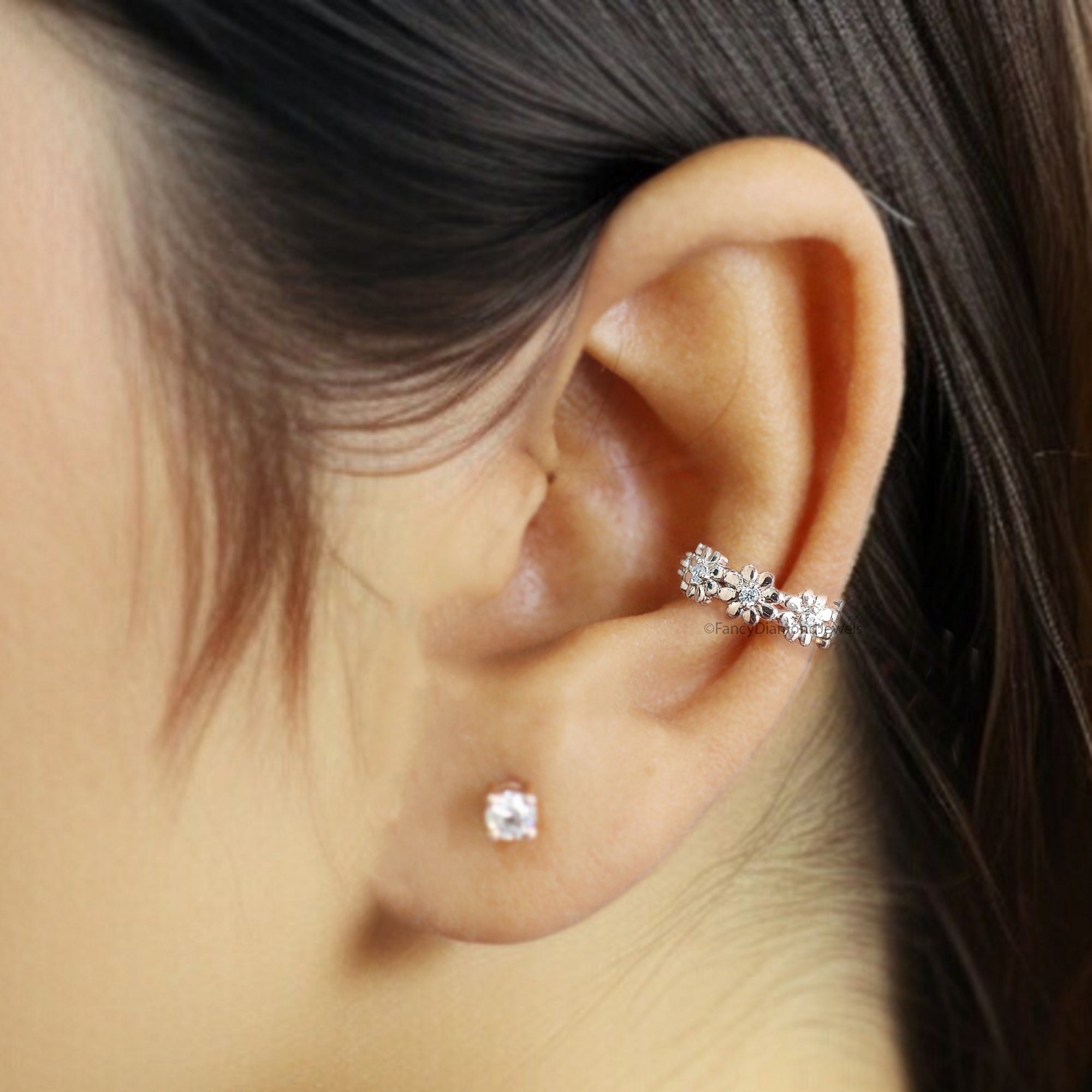 Natural Round White Diamond 14K Solid Rose White Yellow Gold Ear Cuff Ring Engagement Wedding Gift Flower Cuff KD1069