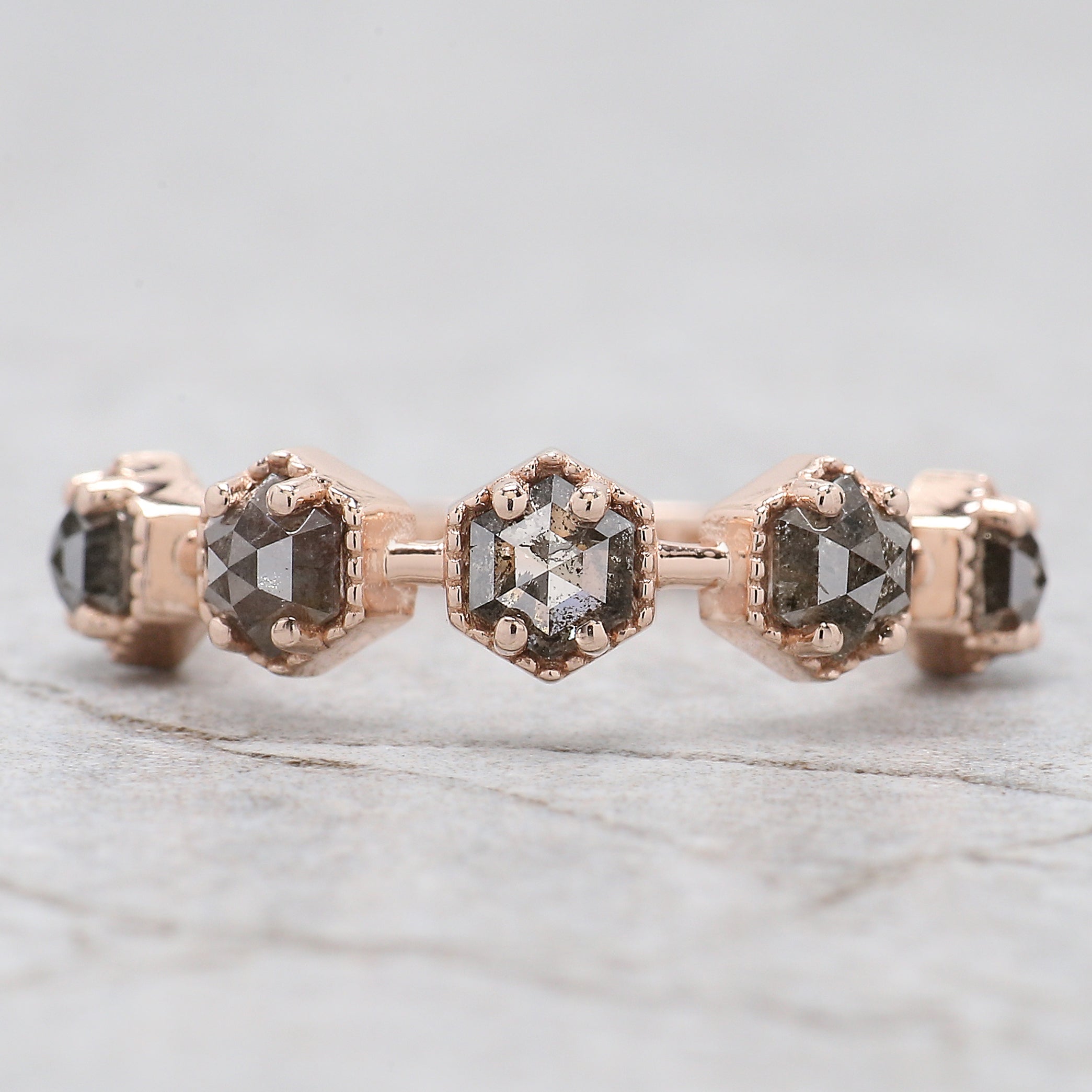 Hexagon Cut Salt And Pepper Diamond Ring 1.24 Ct 3.60 MM Hexagon Cut Diamond Ring 14K Rose Gold Silver Engagement Ring Gift For Her QL7558