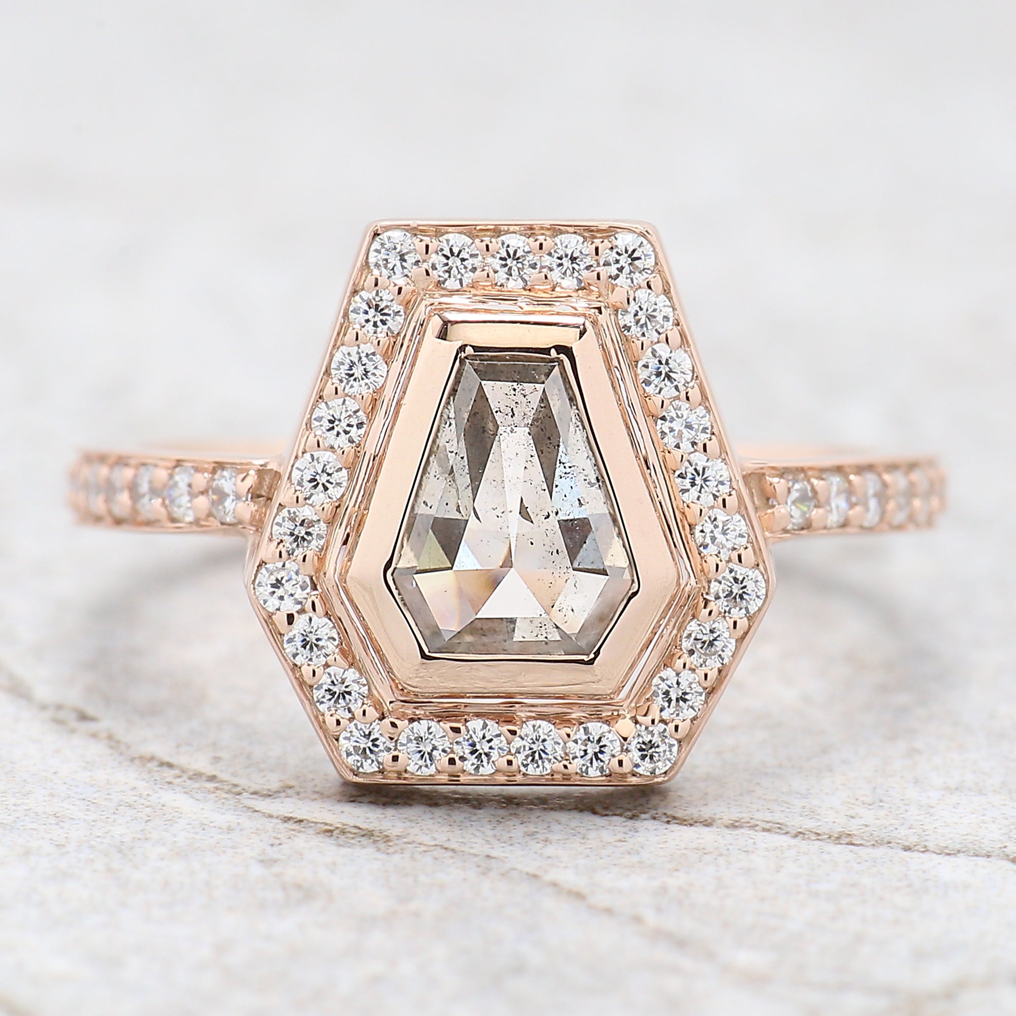 Coffin Cut Salt And Pepper Diamond Ring 0.96 Ct 6.84 MM Coffin Diamond Ring 14K Solid Rose Gold Silver Engagement Ring Gift For Her QN204