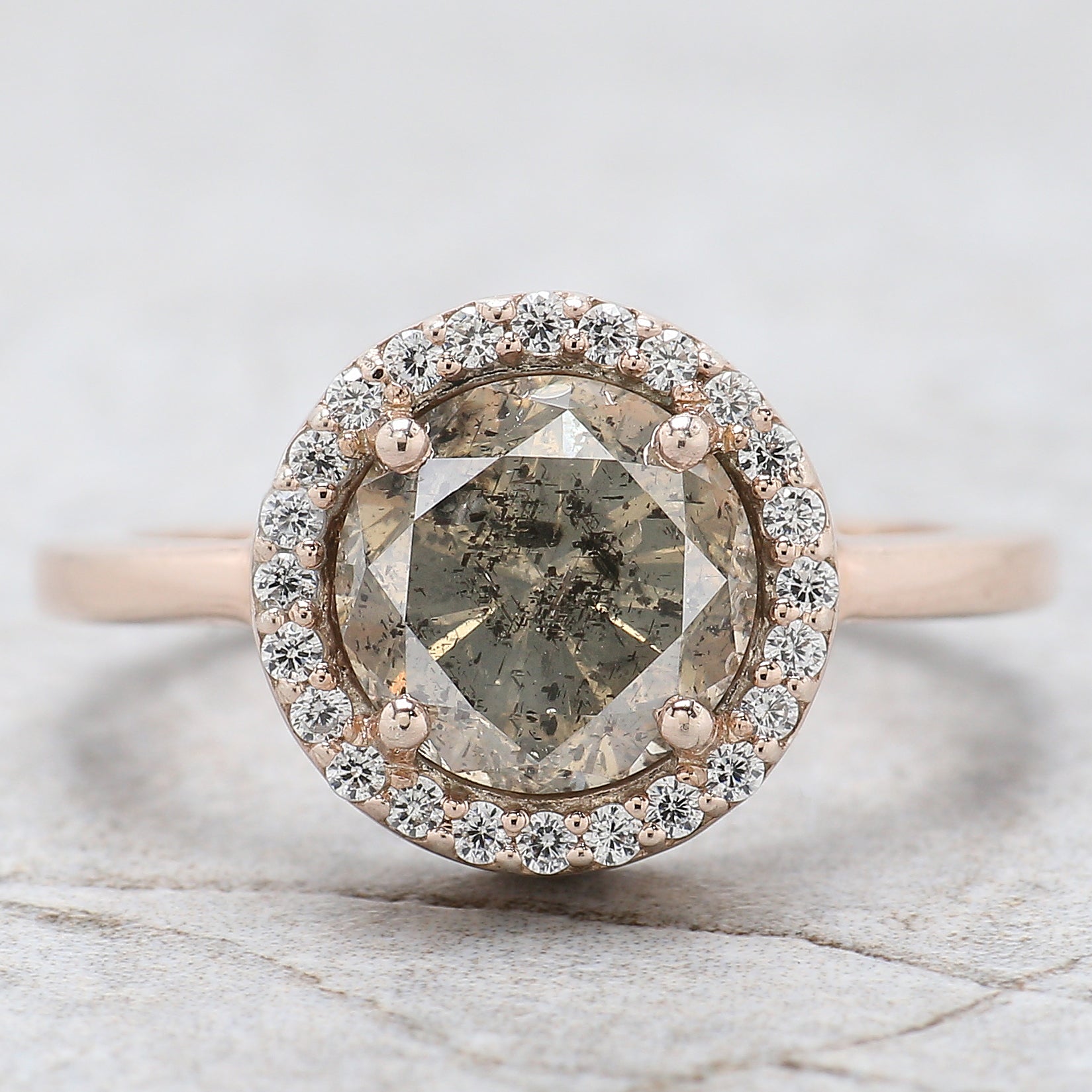 Round Cut Salt And Pepper Diamond Ring 2.43 Ct 8.20 MM Round Diamond Ring 14K Solid Rose Gold Silver Engagement Ring Gift For Her QL8553