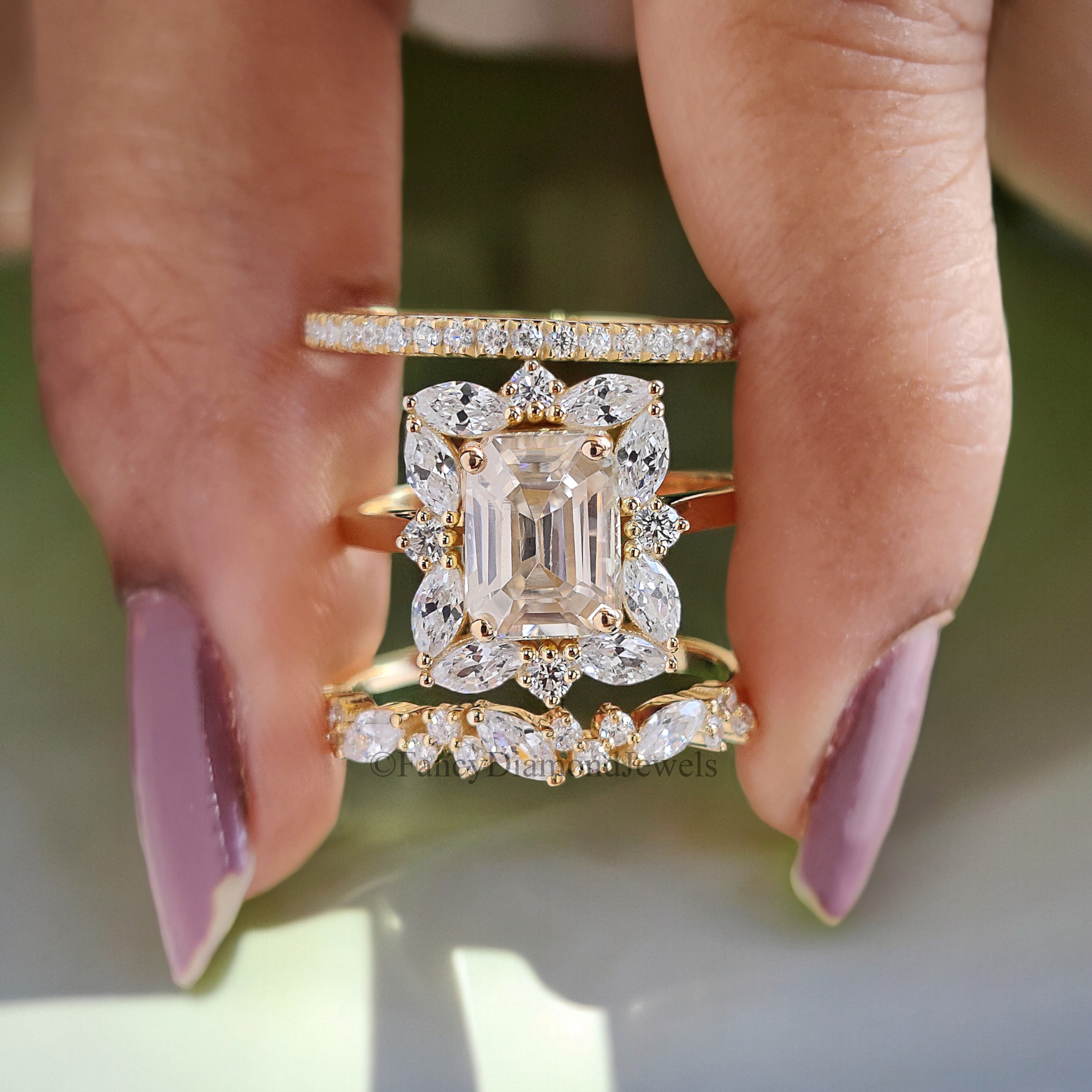 3Pcs Emerald cut Moissanite engagement ring set yellow gold Unique Art deco Cluster Wedding ring vintage Bridal Anniversary ring set FD187