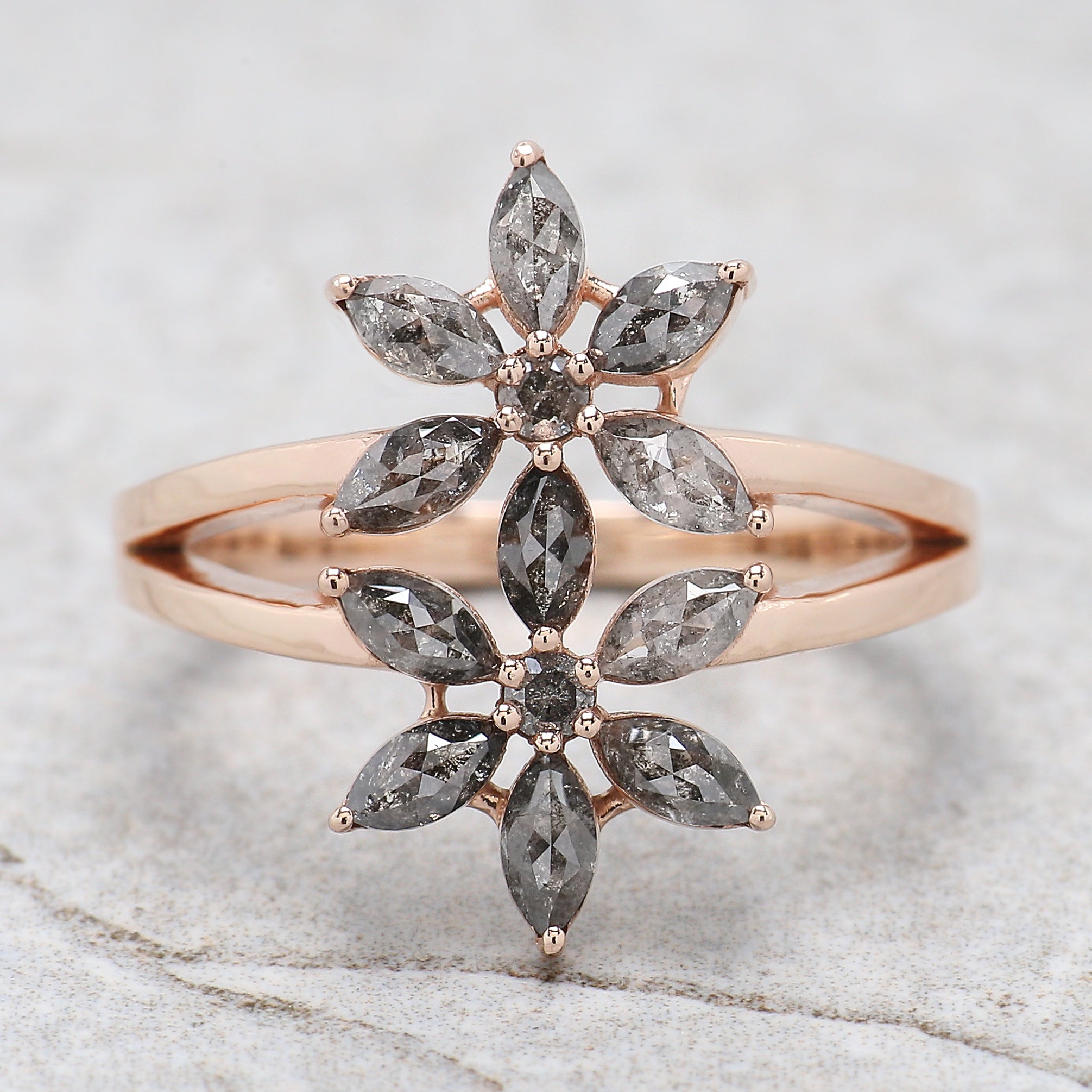 Marquise Cut Salt And Pepper Diamond Ring 0.99 Ct 4.30 MM Marquise Diamond Ring 14K Rose Gold Silver Engagement Ring Gift For Her QL1348