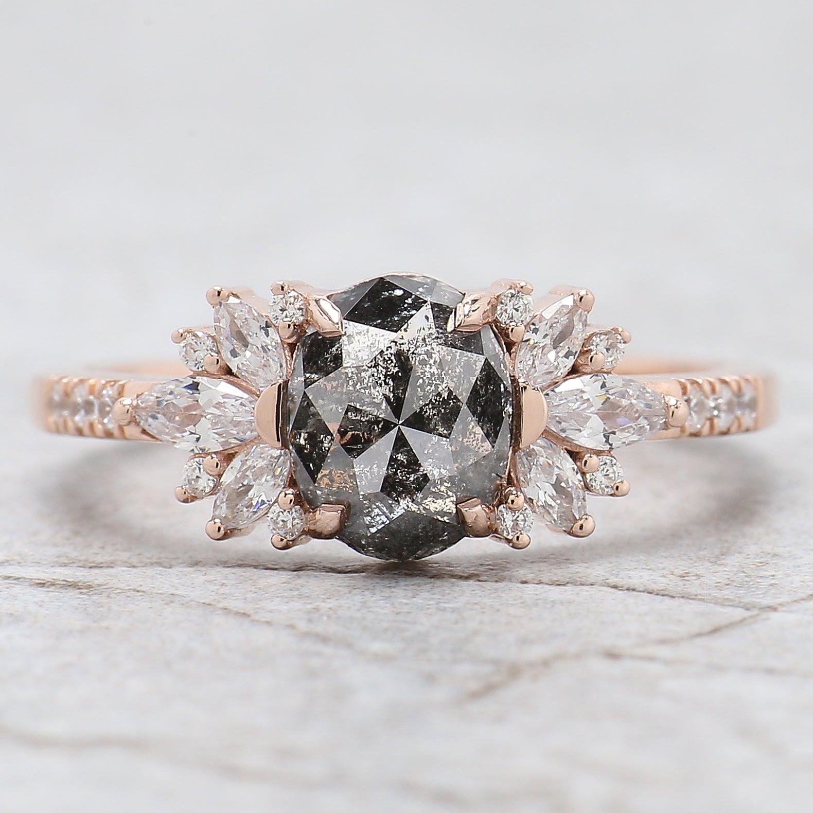 Oval Cut Salt And Pepper Diamond Ring 1.18 Ct 7.45 MM Oval Diamond Ring 14K Solid Rose Gold Silver Oval Engagement Ring Gift For Her QL2273