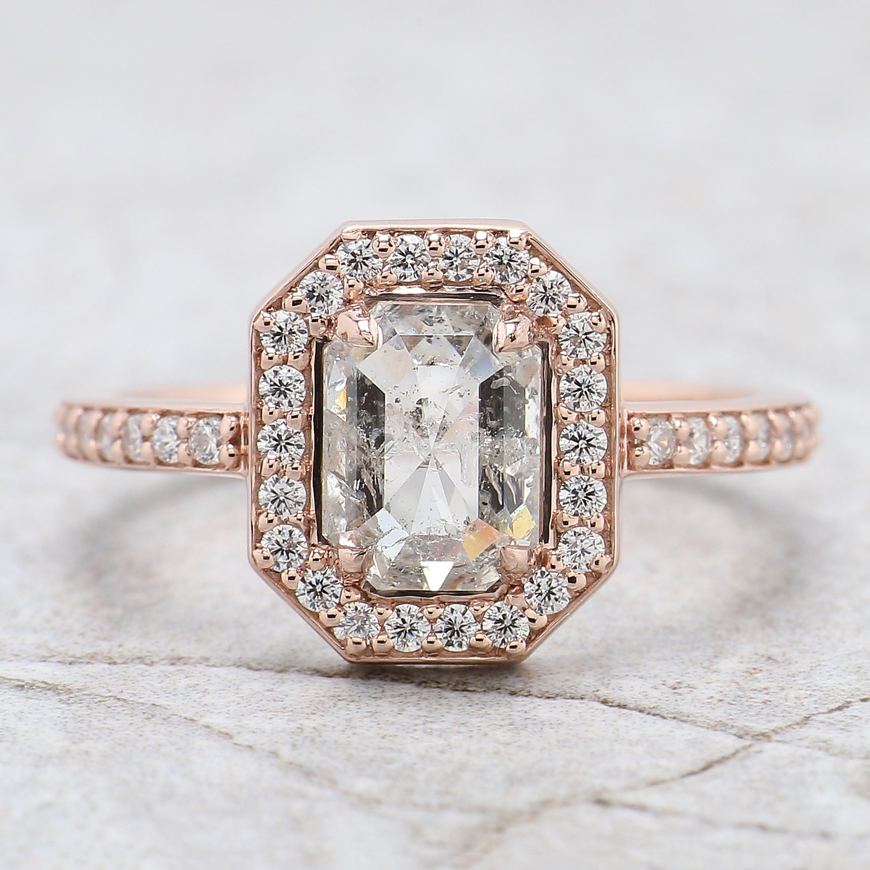 Emerald Cut Salt And Pepper Diamond Ring 1.57 Ct 7.28 MM Emerald Diamond Ring 14K Solid Rose Gold Silver Engagement Ring Gift For Her QL2584