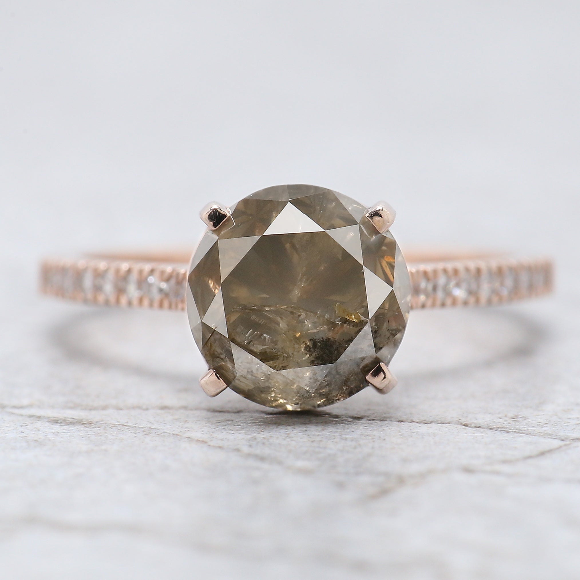 Round Cut Salt And Pepper Diamond Ring 2.84 Ct 8.15 MM Round Diamond Ring 14K Solid Rose Gold Silver Engagement Ring Gift For Her QL8876