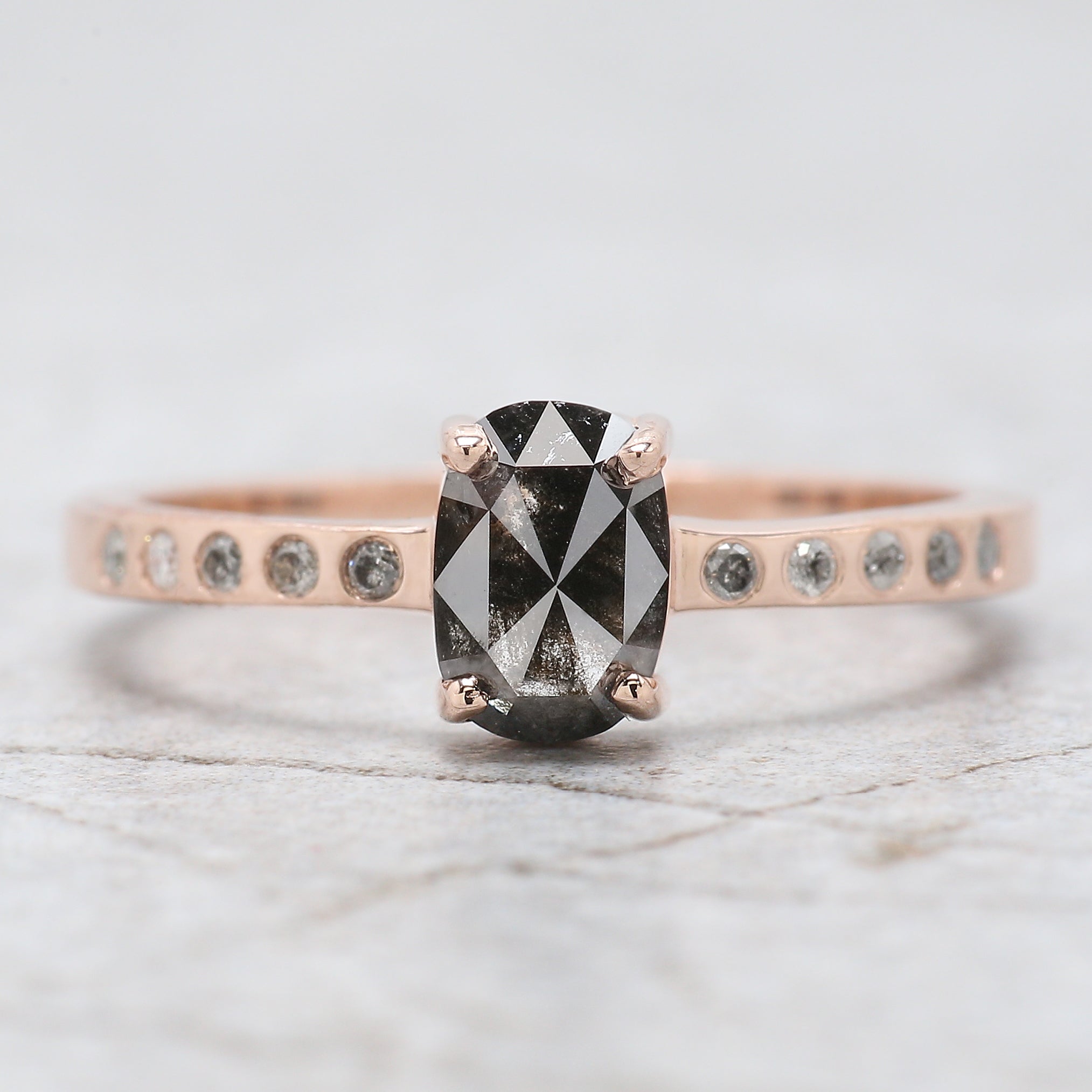 Oval Cut Salt And Pepper Diamond Ring 0.82 Ct 6.70 MM Oval Diamond Ring 14K Solid Rose Gold Silver Oval Engagement Ring Gift For Her QK1066