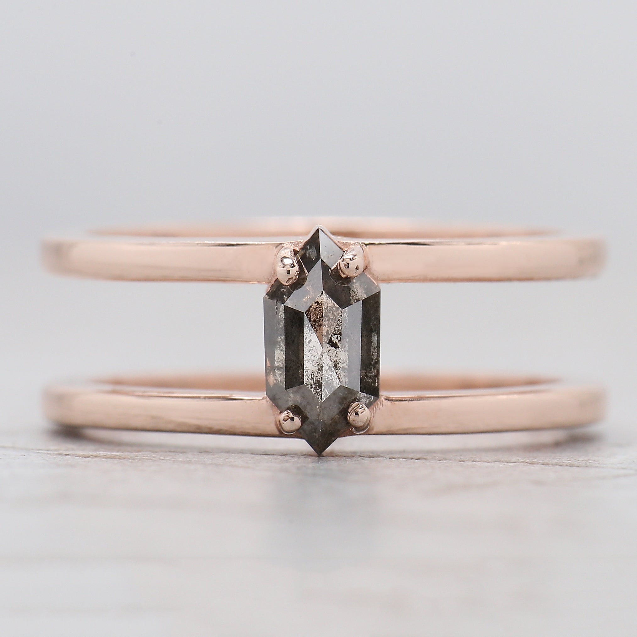 Hexagon Cut Salt And Pepper Diamond Ring 0.61 Ct 7.64 MM Hexagon Cut Diamond Ring 14K Rose Gold Silver Engagement Ring Gift For Her QL9458