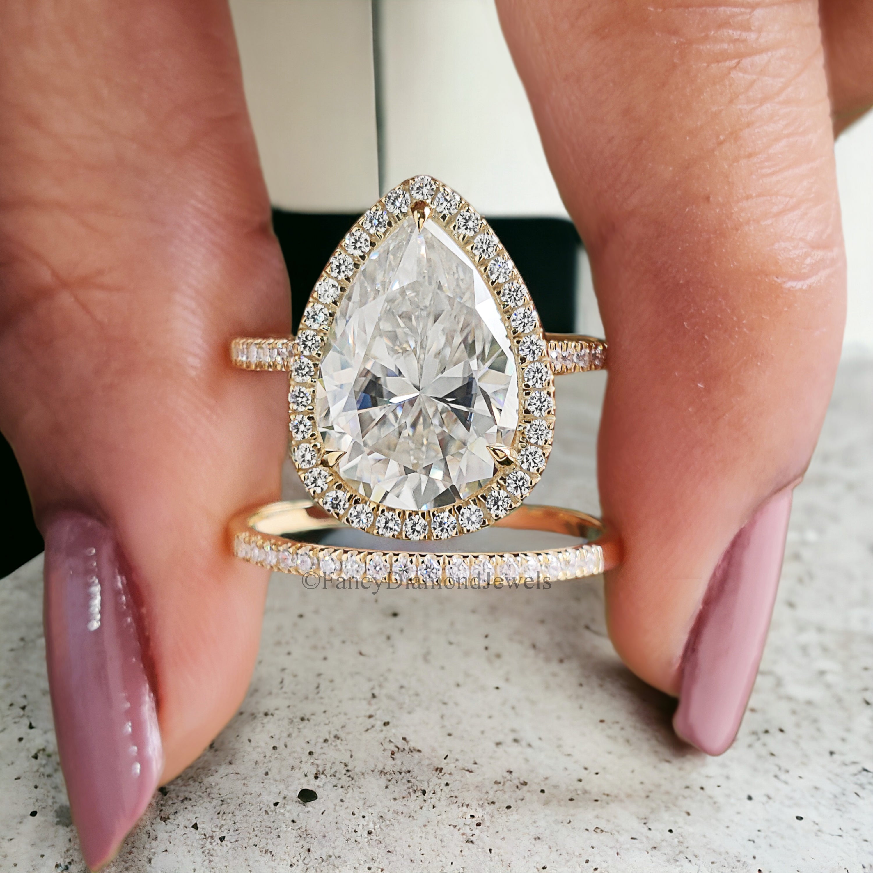 Pear Cut Moissanite Ring Colorless Moissanite Engagement Ring Matching Eternity Band Wedding Ring Set Halo Bridal Ring Set For Women FD183