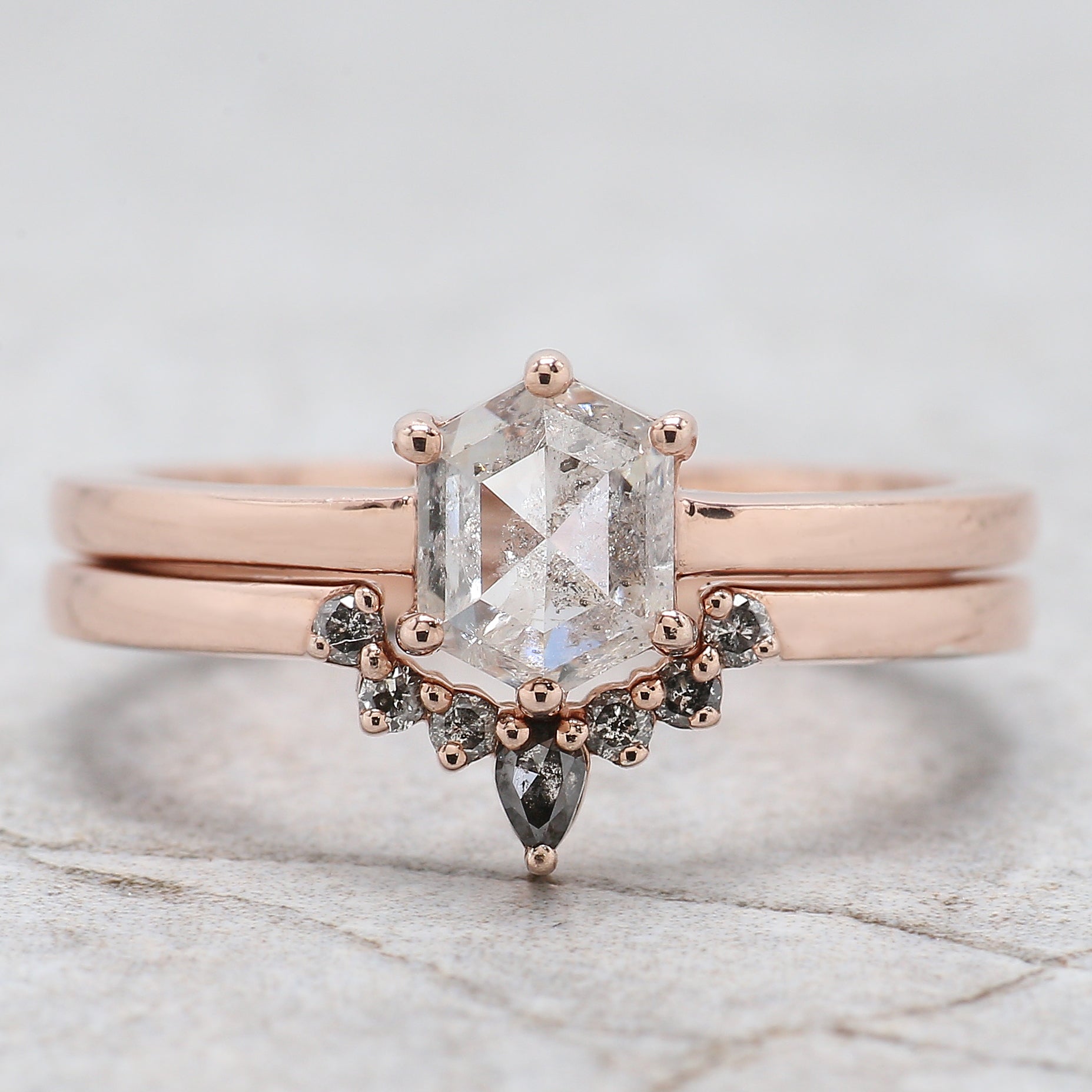Hexagon Cut Salt And Pepper Diamond Ring 1.08 Ct 6.67 MM Hexagon Cut Diamond Ring 14K Rose Gold Silver Engagement Ring Gift For Her QL2576