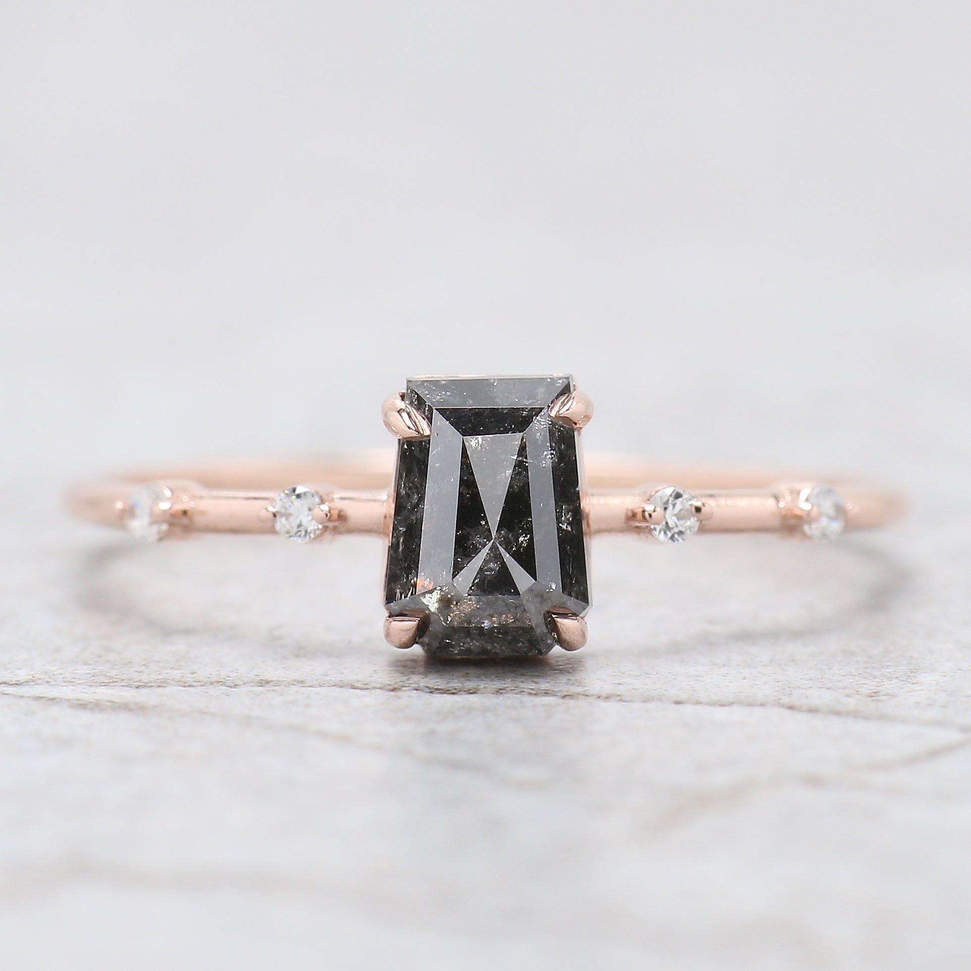 Coffin Cut Salt And Pepper Diamond Ring 0.87 Ct 6.00 MM Coffin Diamond Ring 14K Solid Rose Gold Silver Engagement Ring Gift For Her QN8841