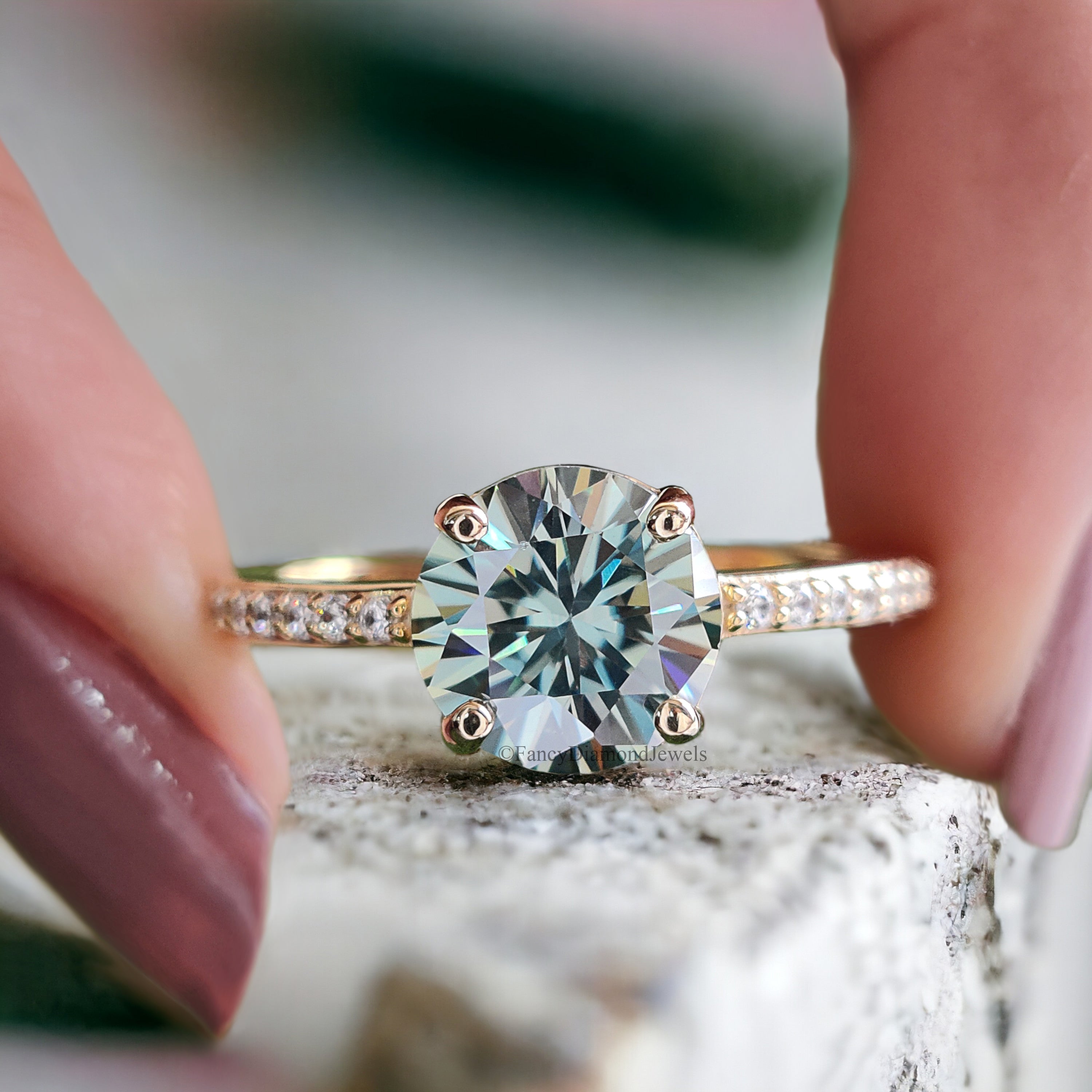 1.65 CT Round Blue Moissanite Engagement Ring Pave Wedding Ring Teal Moissanite Ring Anniversary Gift Best Proposal Ring Gift Ring FD155