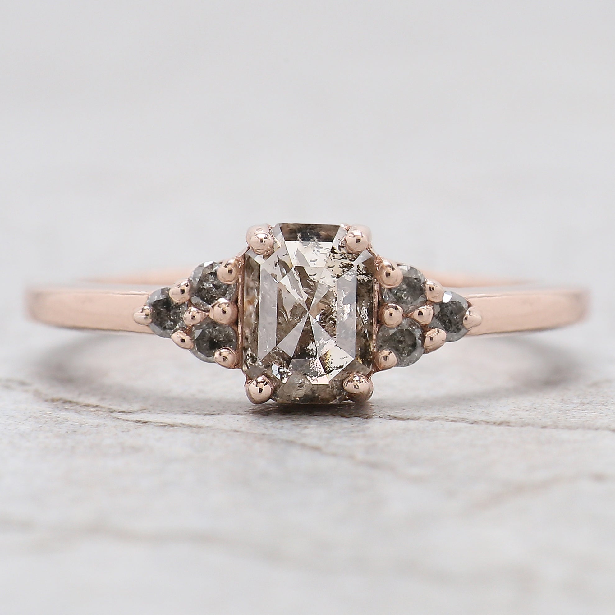 0.75 Ct Natural Emerald Cut Salt And Pepper Diamond Ring 5.95 MM Emerald Diamond Ring 14K Solid Rose Gold Silver Engagement Ring QL9987