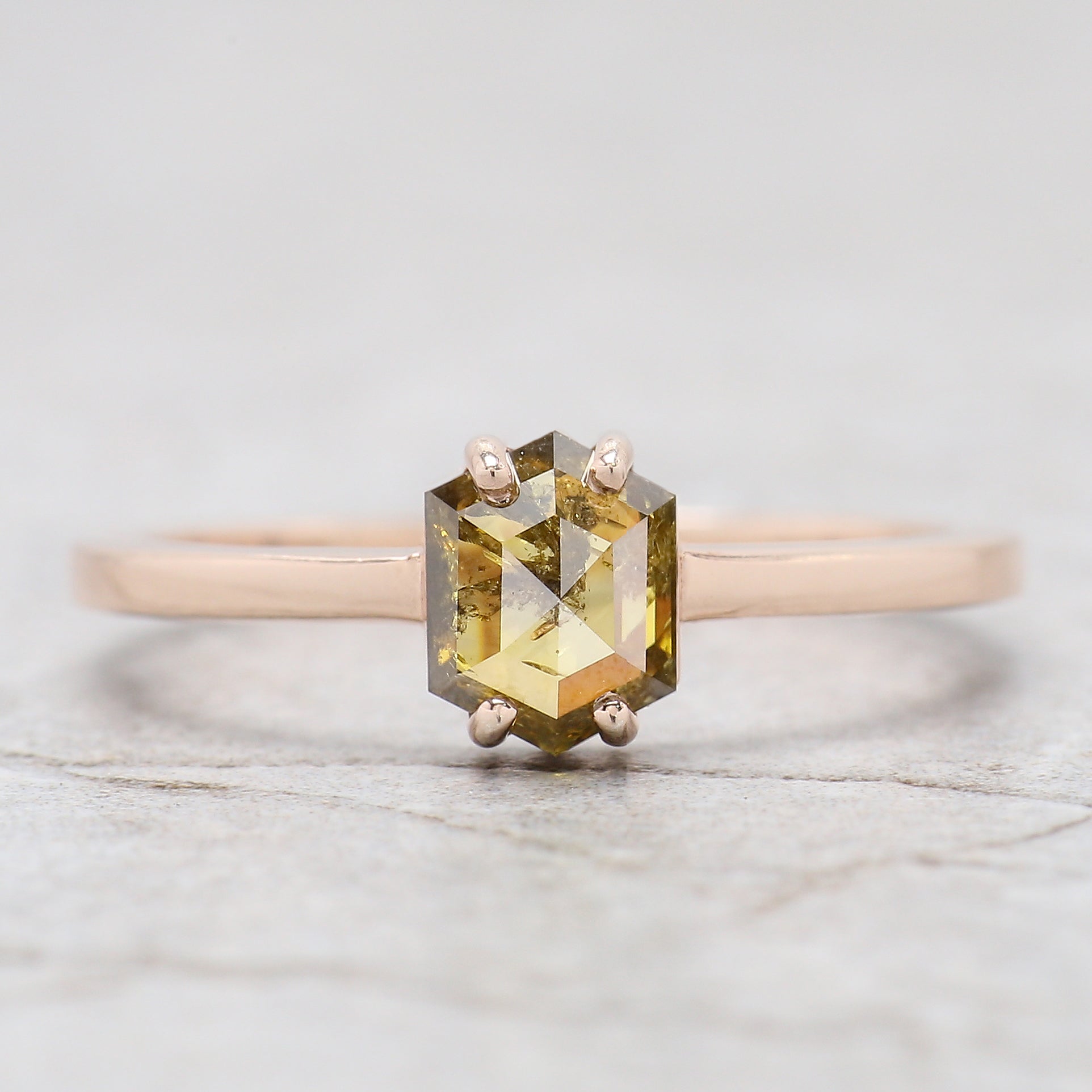 Hexagon Cut Green Color Diamond Ring 0.90 Ct 6.50 MM Hexagon Shape Diamond Ring 14K Rose Gold Silver Engagement Ring Gift For Her QL1070