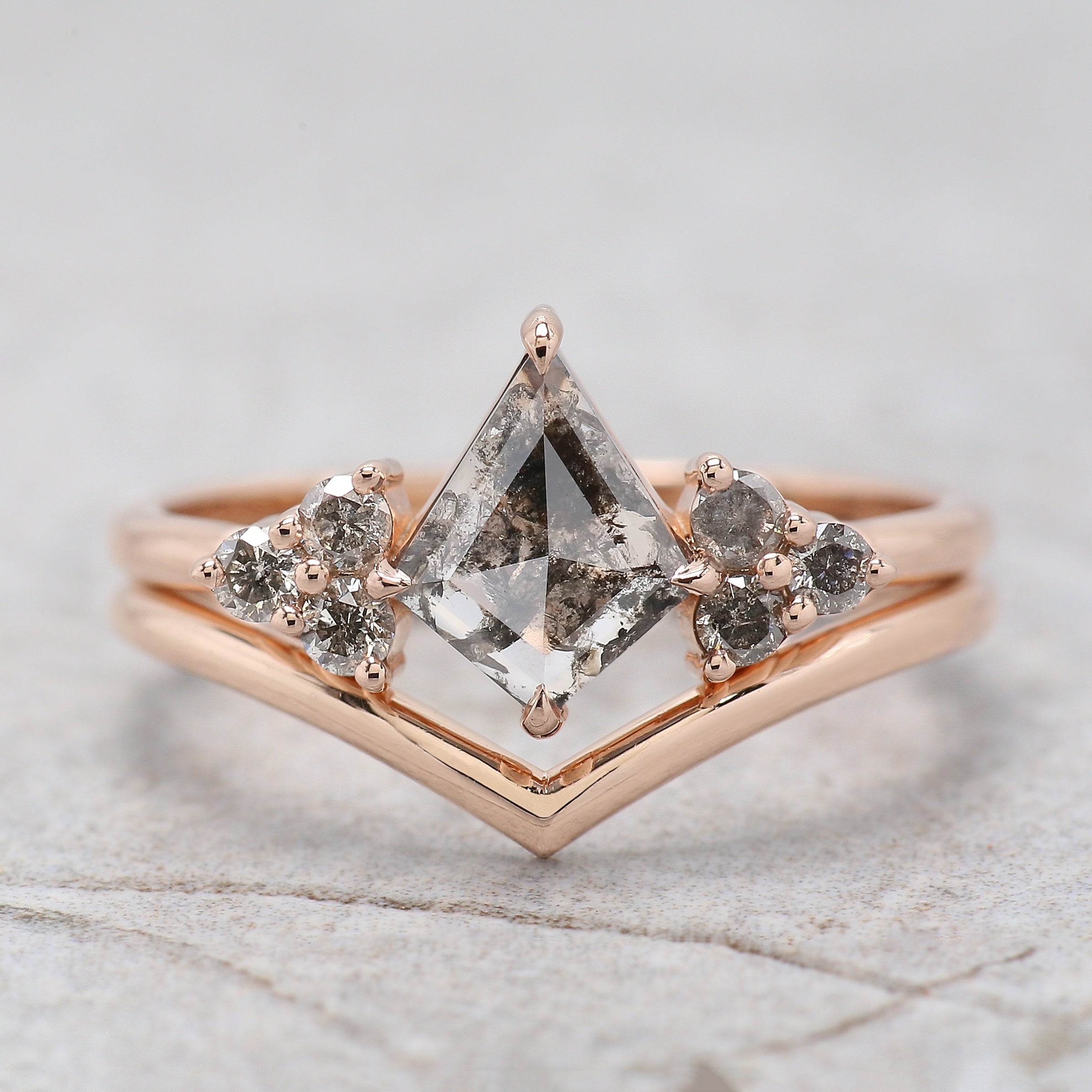 Kite Cut Salt And Pepper Diamond Ring 0.53 CT 8.15 MM Kite Diamond Wedding Ring Set RoseGold Silver Engagement Ring Gift For Her KDL3392