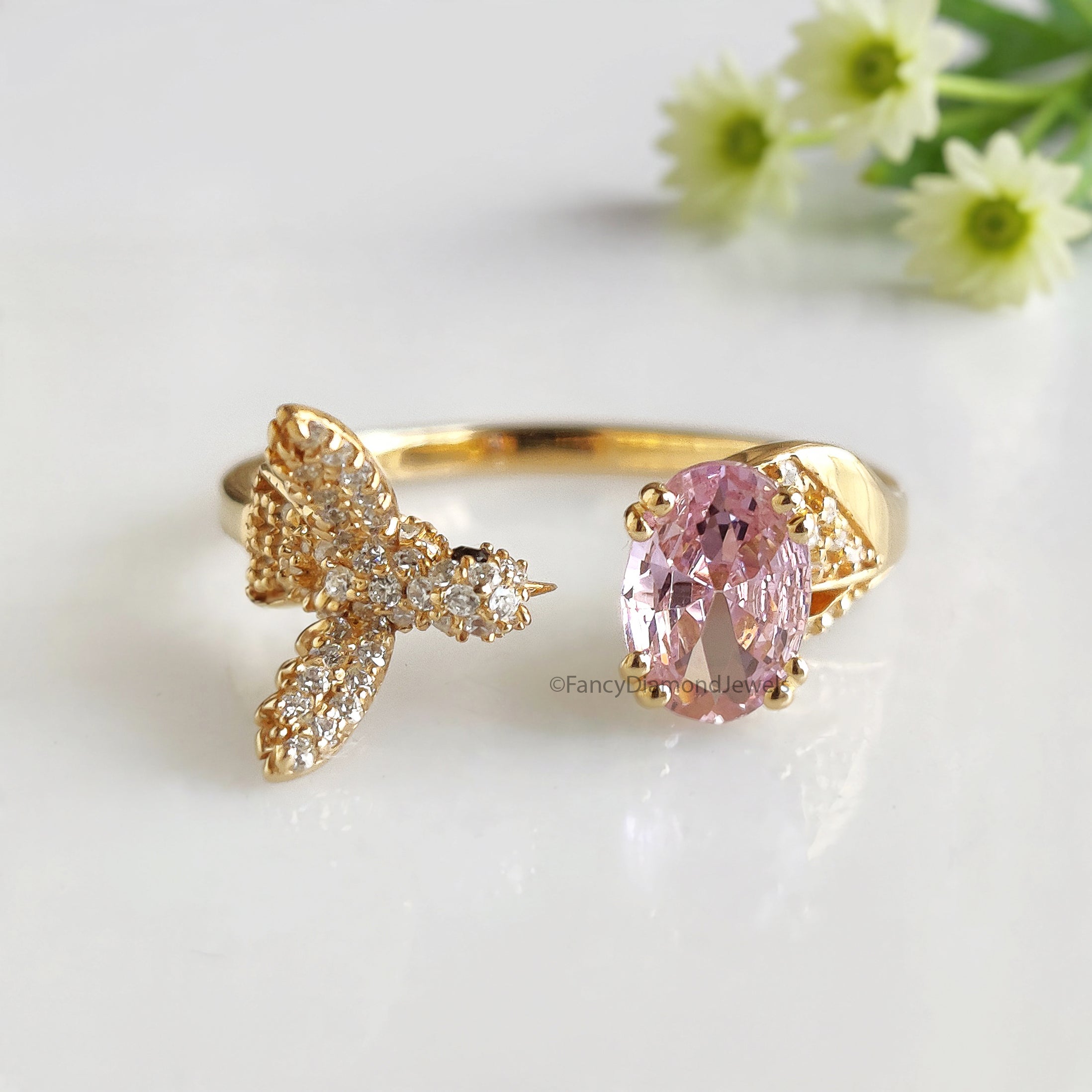 Oval Diamond Bird Ring Simulated Diamond Engagement Ring Yellow Plated Ring Anniversary Ring Simulant Pink Oval ring Gift For Her FD532