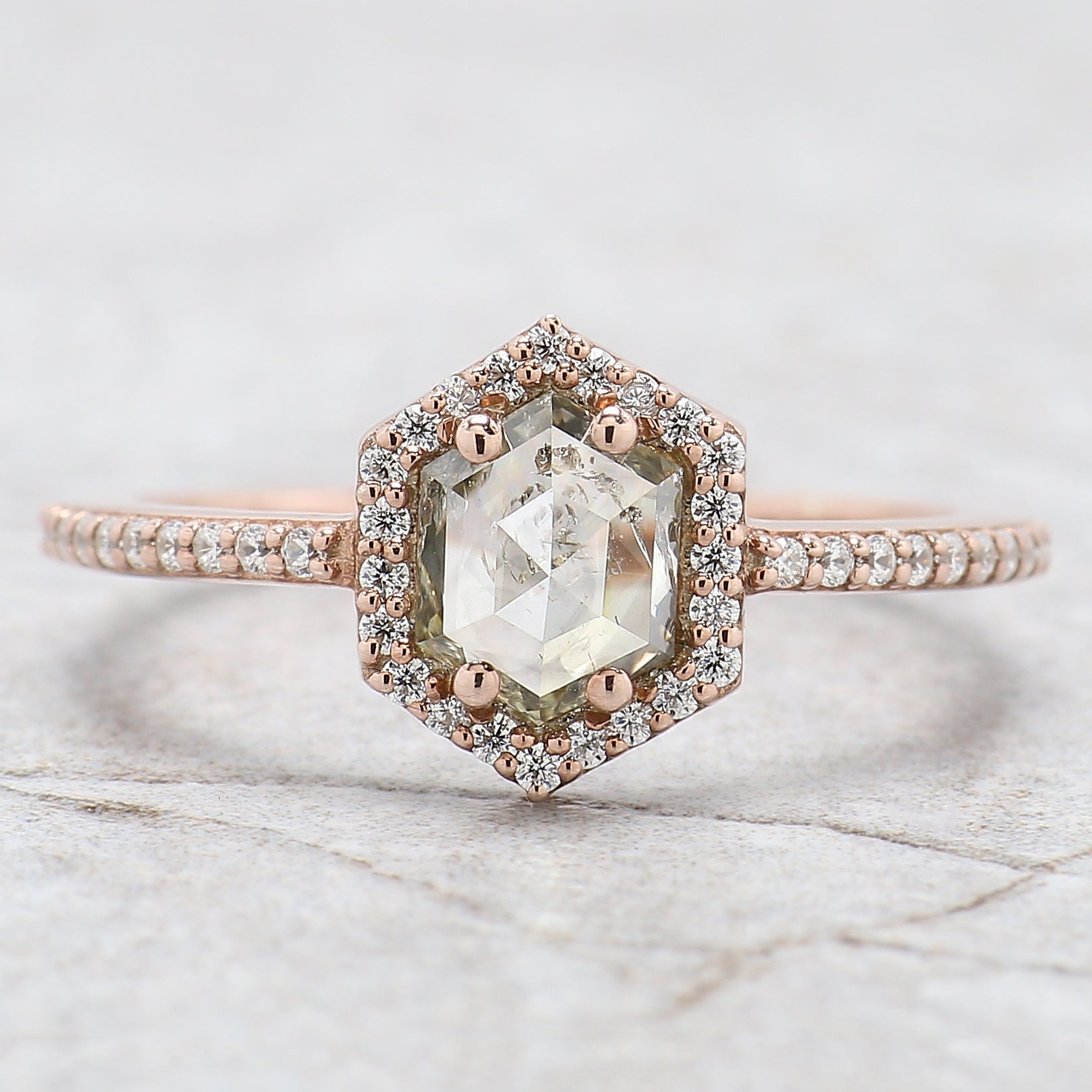 Hexagon Cut Salt And Pepper Diamond Ring 0.87 Ct 6.69 MM Hexagon Cut Diamond Ring 14K Rose Gold Silver Engagement Ring Gift For Her QL2604