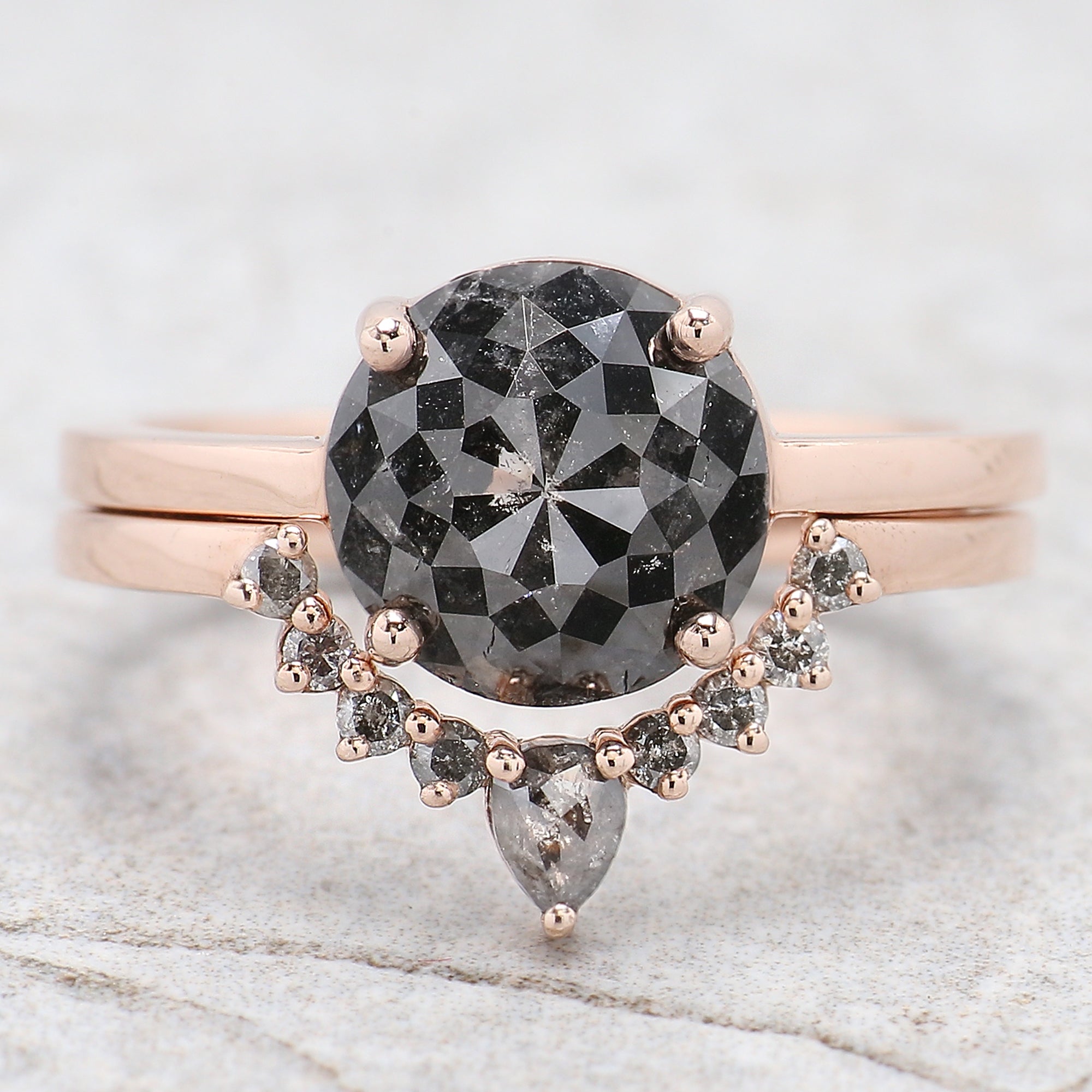 Round Rose Cut Salt And Pepper Diamond Ring 2.97 Ct 8.85 MM Round Diamond Ring 14K Solid Rose Gold Silver Engagement Ring Gift For Her QL064