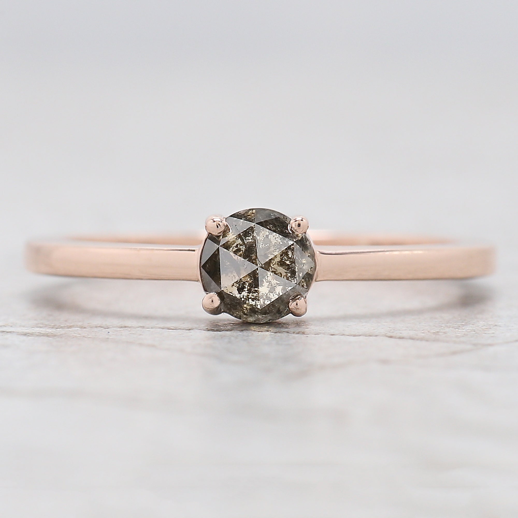 Round Rose Cut Salt And Pepper Diamond Ring 0.53 Ct 4.60 MM Round Shape Diamond Ring 14K Rose Gold Silver Engagement Ring Gift For Her QL7404