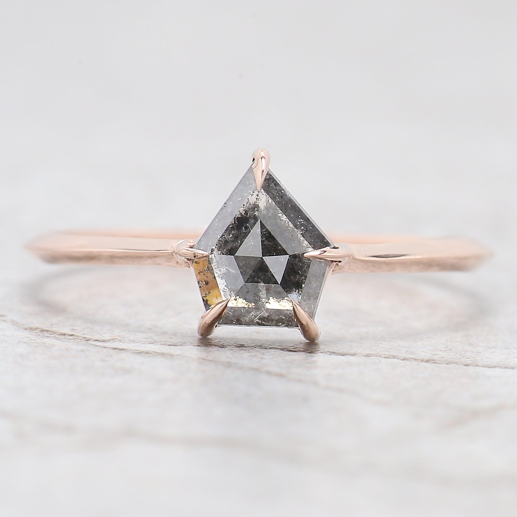 0.80 Ct Natural Shield Shape Salt And Pepper Diamond Ring 6.60 MM Shield Cut Diamond Ring 14K Solid Rose Gold Silver Engagement Ring QL7662