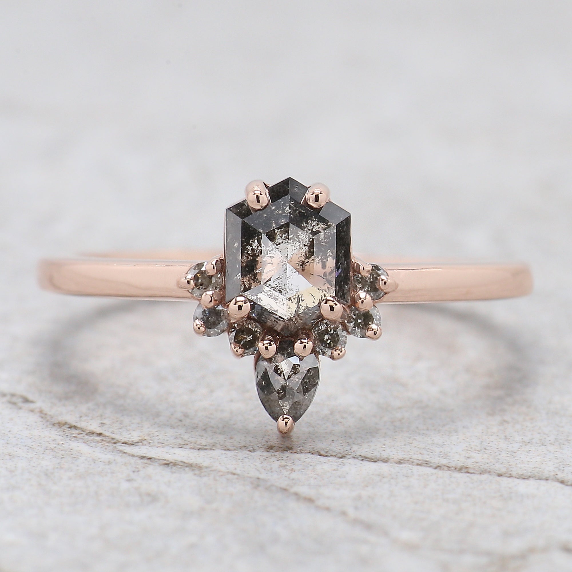 0.69 Ct Natural Hexagon Shape Salt And Pepper Diamond Ring 6.00 MM Hexagon Cut Diamond Ring 14K Solid Rose Gold Silver Engagement Ring QN849