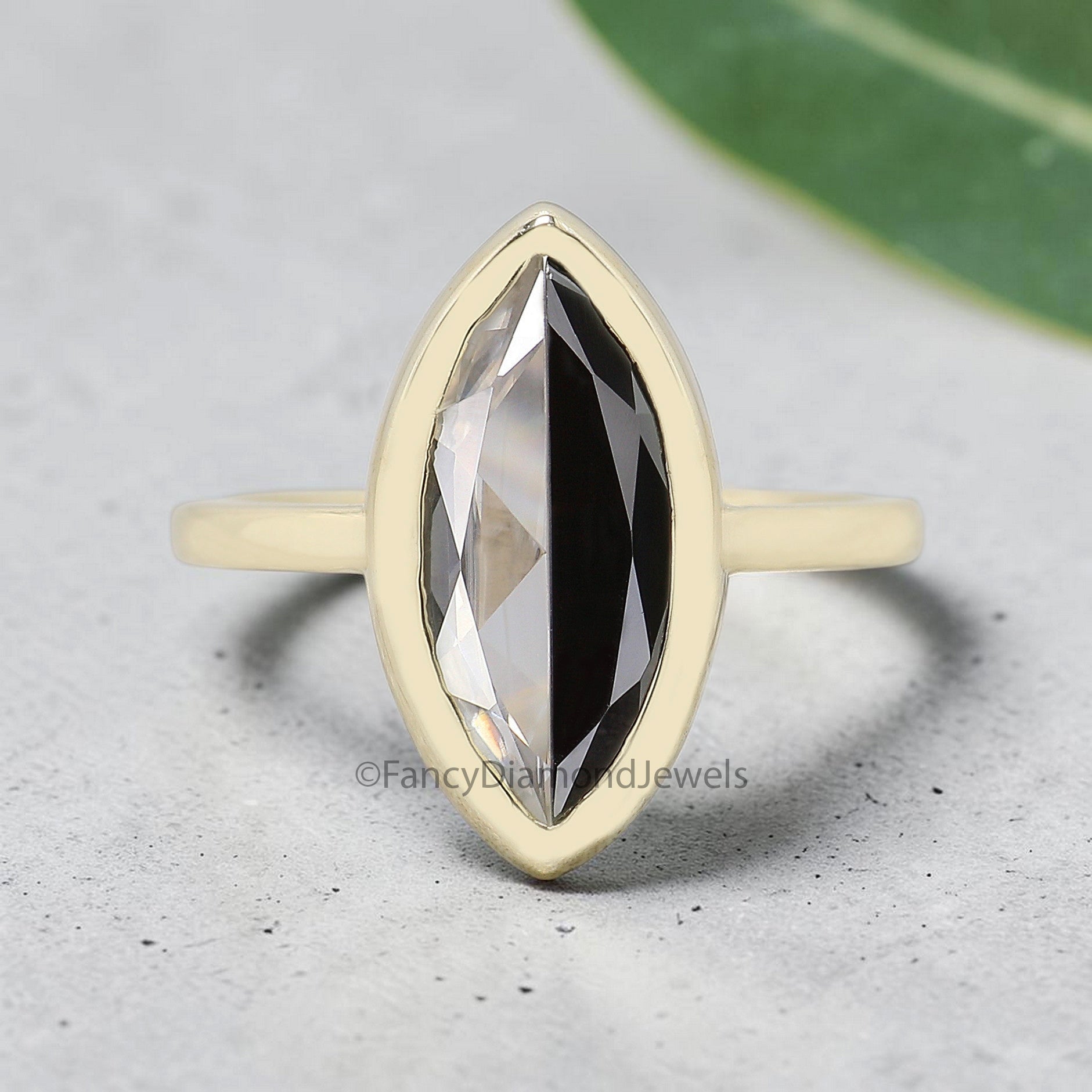 Marquise Cut Half Black White Moissanite Ring, Bezel Set Solitaire Engagement Ring, Yellow Gold Promise Ring, Minimalist Wedding Ring FD552