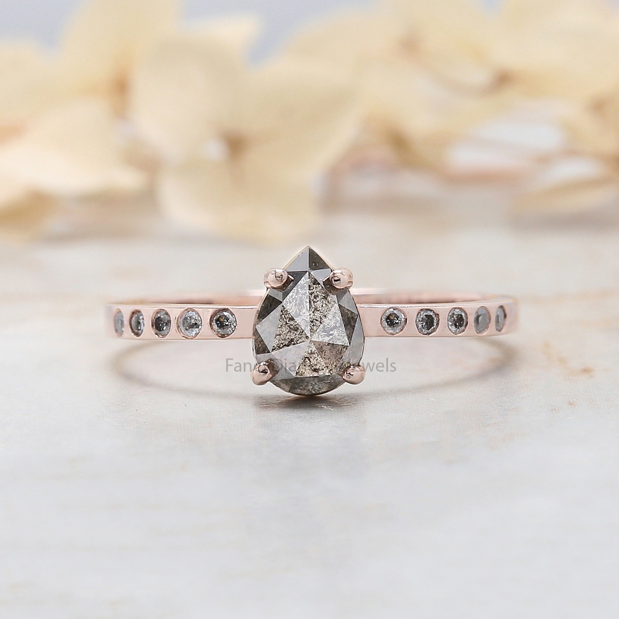 Pear Cut Salt And Pepper Diamond Ring 0.91 Ct 6.90 MM Pear Diamond Ring 14K Solid Rose Gold Silver Pear Engagement Ring Gift For Her QL3095