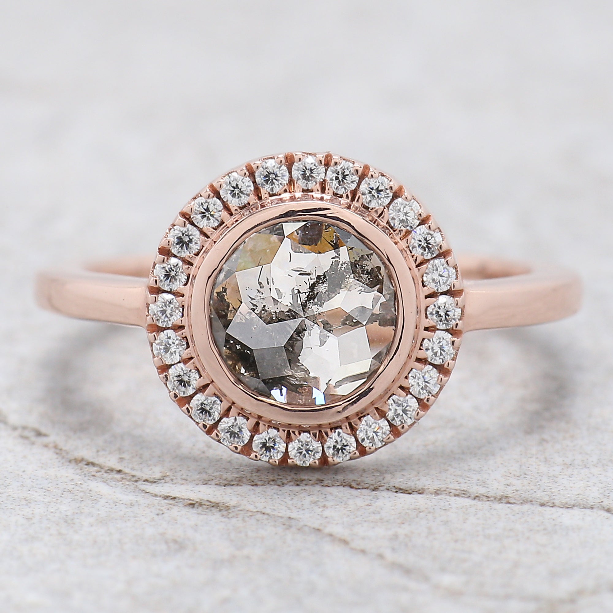 Round Rose Cut Salt And Pepper Diamond Ring 1.14 Ct 7.28 MM Round Diamond Ring 14K Rose Gold Silver Engagement Ring Gift For Her QL2590